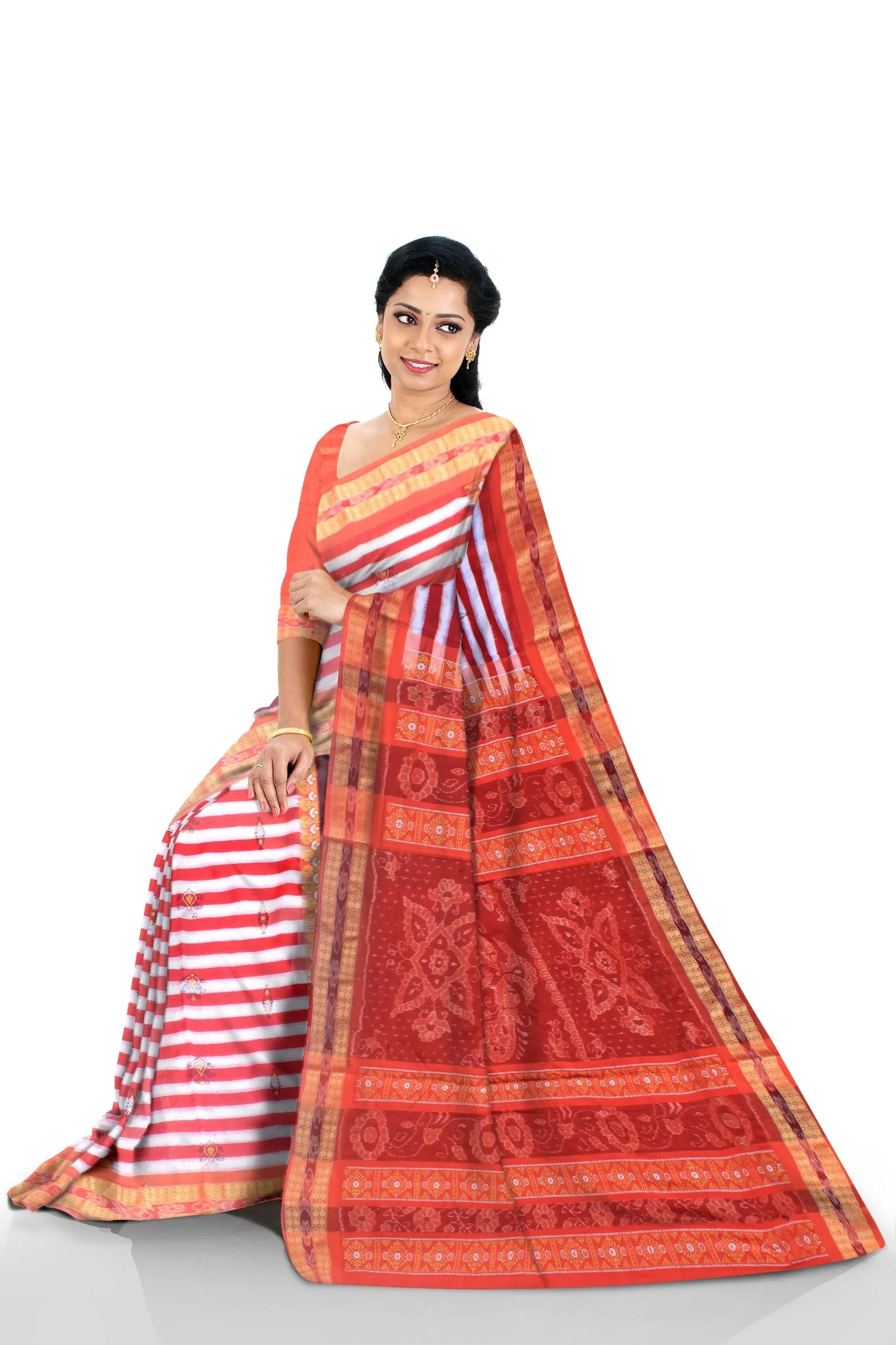 Mayuri design of pure cotton saree in red , white and maroon color , with blouse piece. - Koshali Arts & Crafts Enterprise