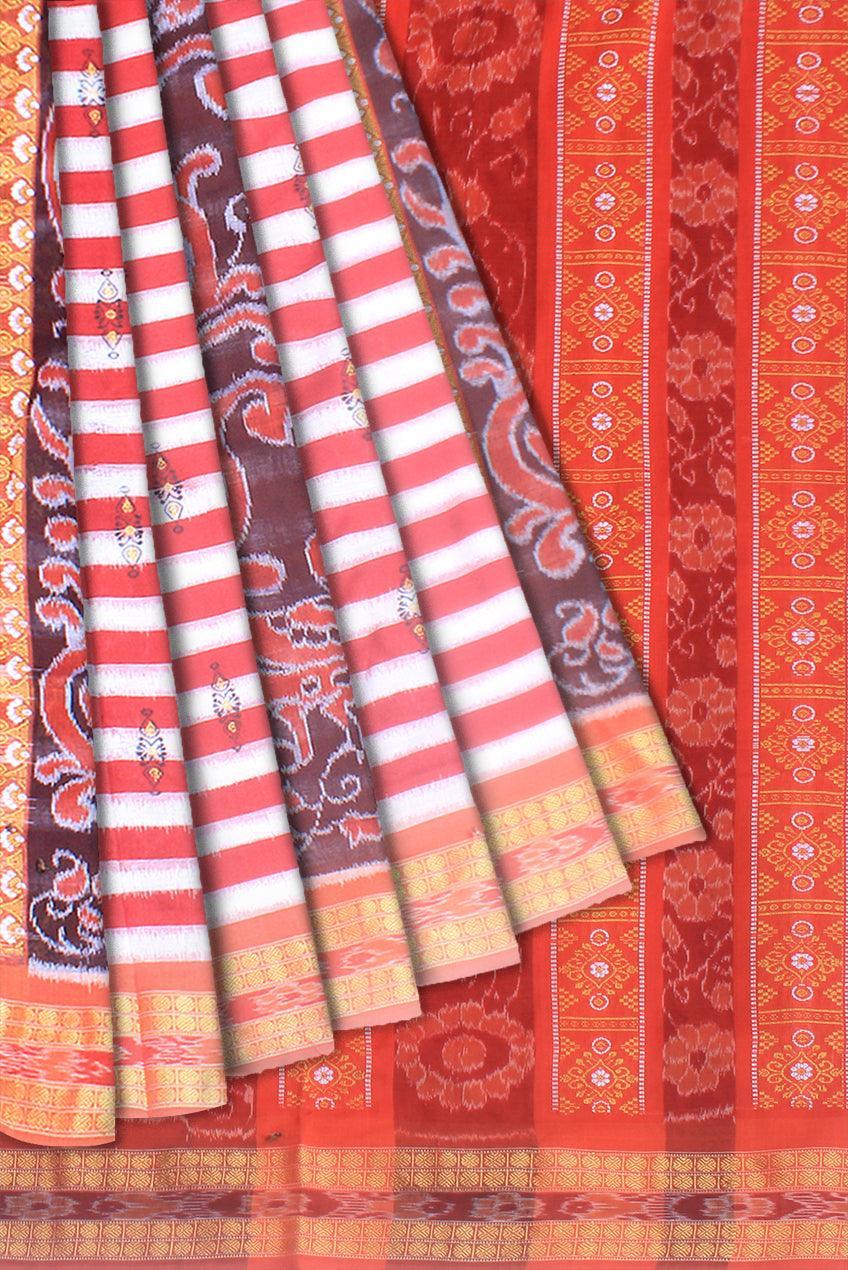 Mayuri design of pure cotton saree in red , white and maroon color , with blouse piece. - Koshali Arts & Crafts Enterprise