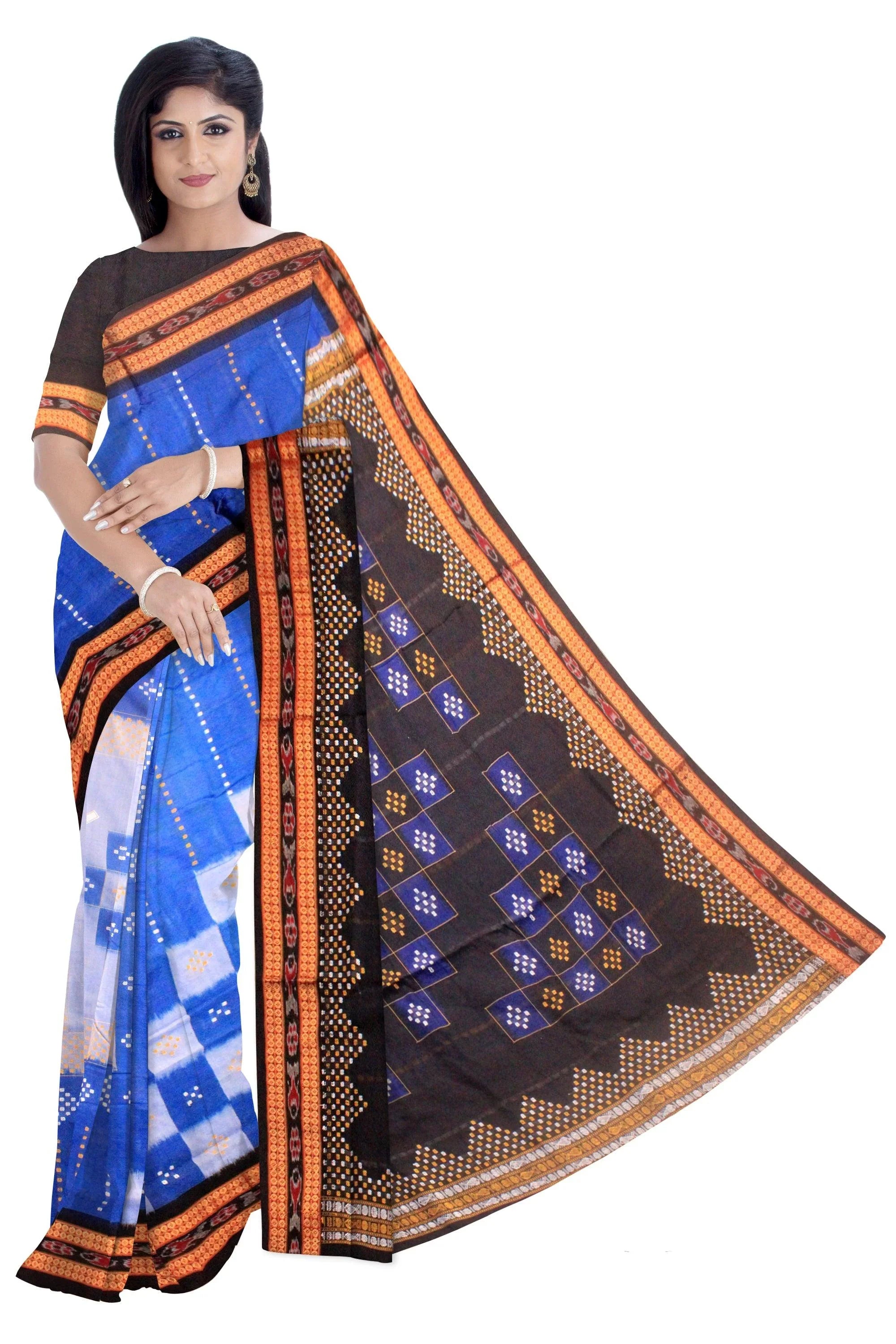 Sambalpuri cotton saree in blue , white and black color base, with blouse piece. - Koshali Arts & Crafts Enterprise