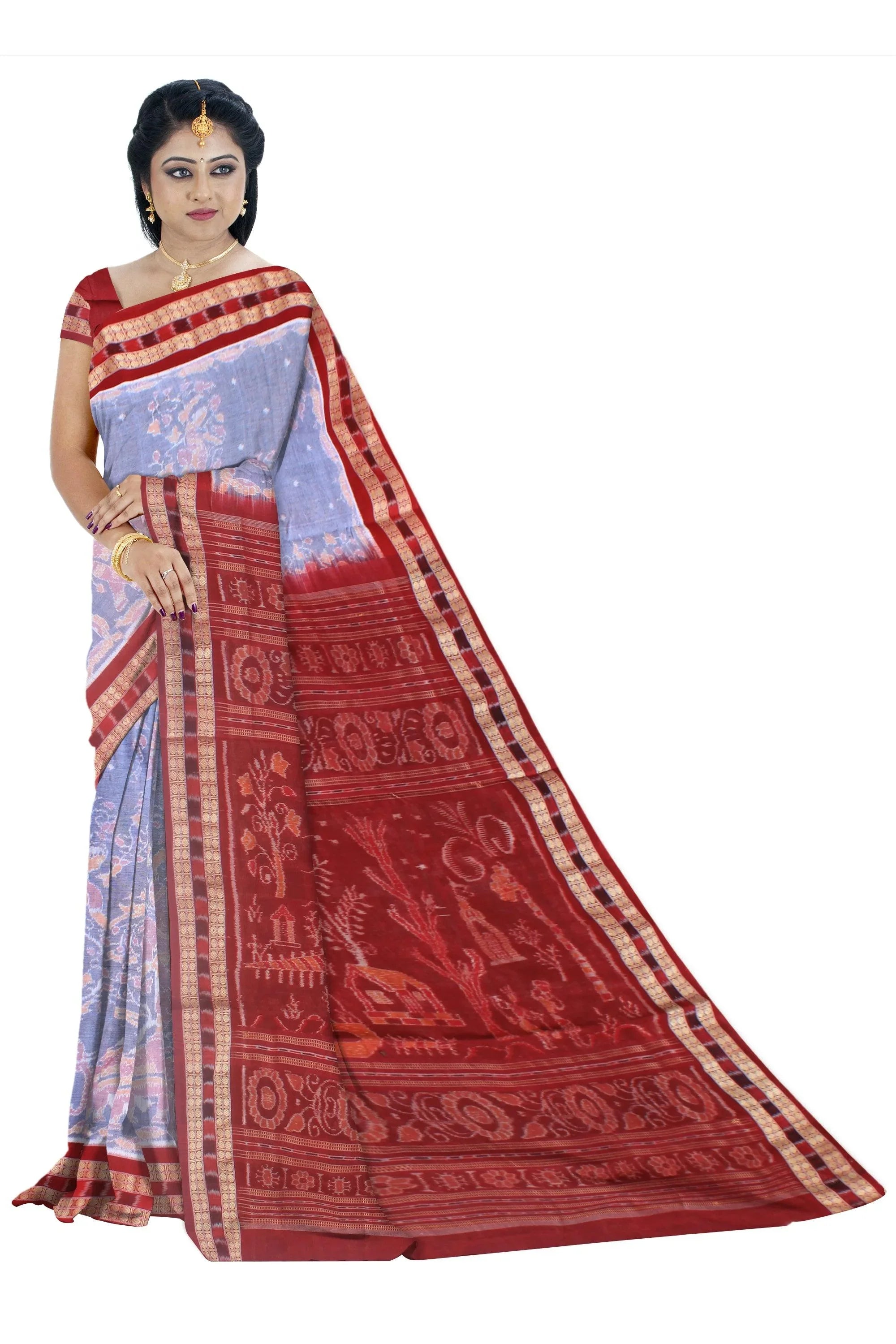 Authentic elephant design of cotton saree in cement and maroon color , with blouse piece. - Koshali Arts & Crafts Enterprise
