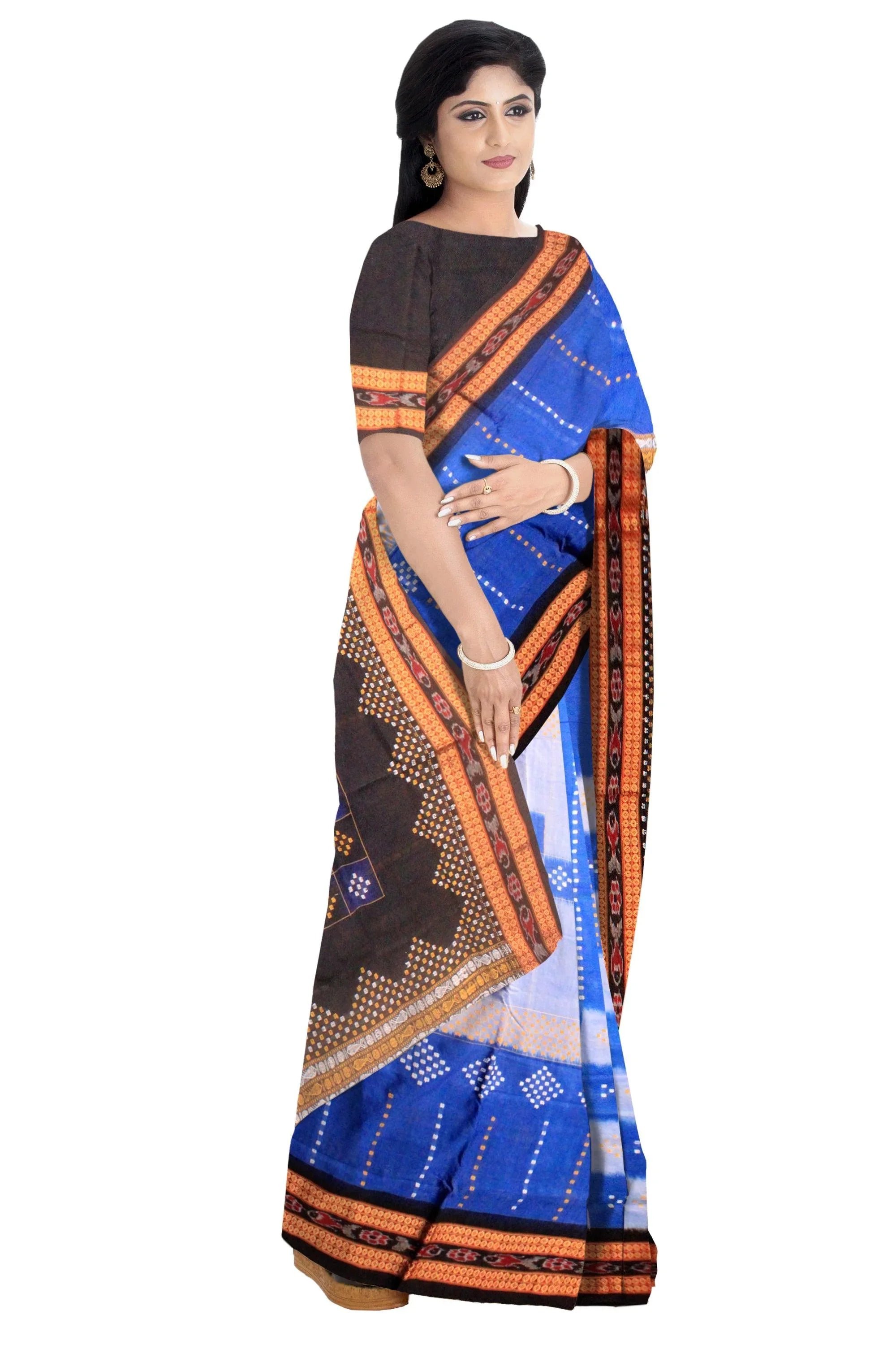 Sambalpuri cotton saree in blue , white and black color base, with blouse piece. - Koshali Arts & Crafts Enterprise