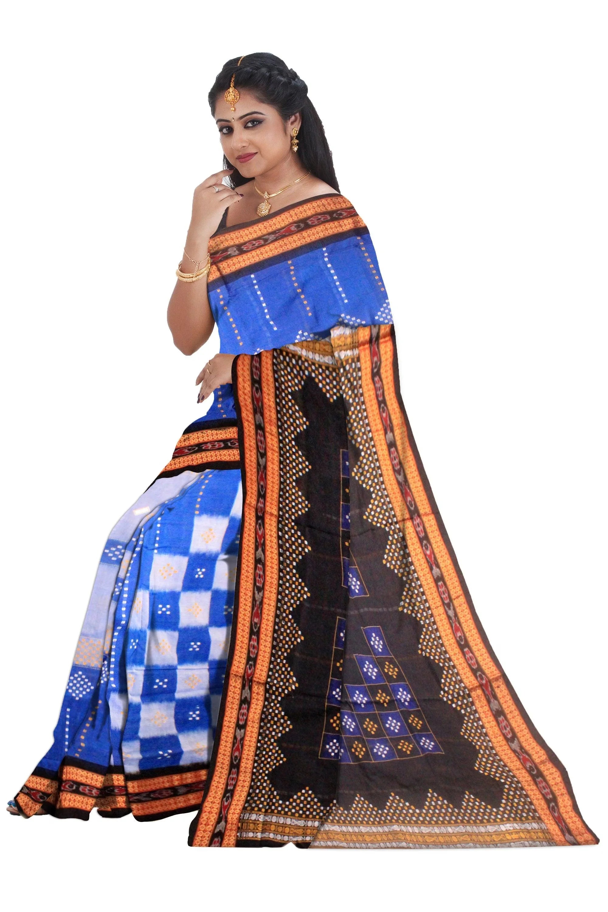 Sambalpuri cotton saree in blue , white and black color base, with blouse piece. - Koshali Arts & Crafts Enterprise