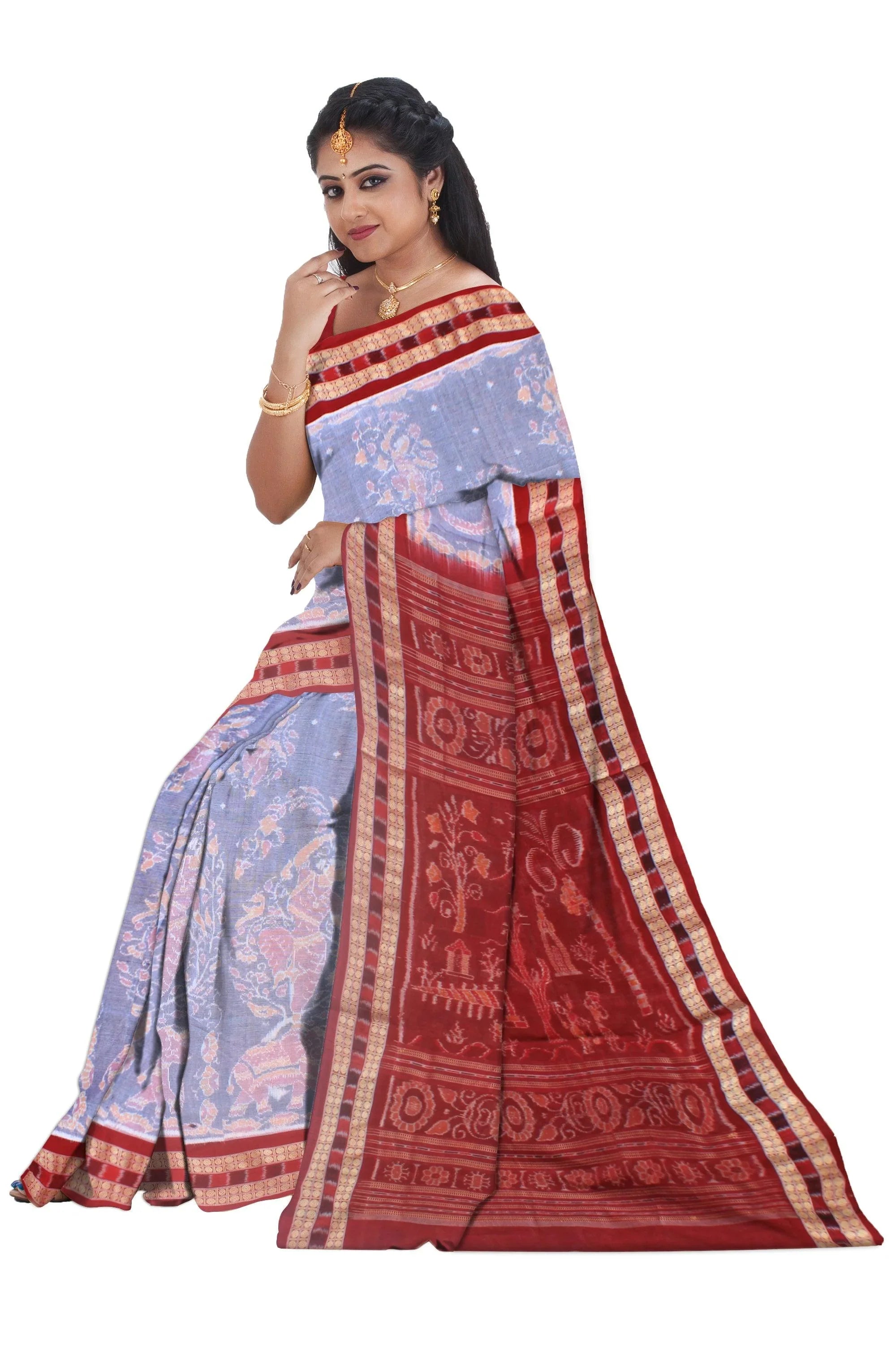 Authentic elephant design of cotton saree in cement and maroon color , with blouse piece. - Koshali Arts & Crafts Enterprise