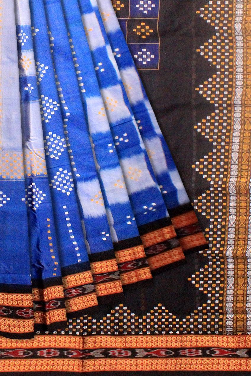 Sambalpuri cotton saree in blue , white and black color base, with blouse piece. - Koshali Arts & Crafts Enterprise