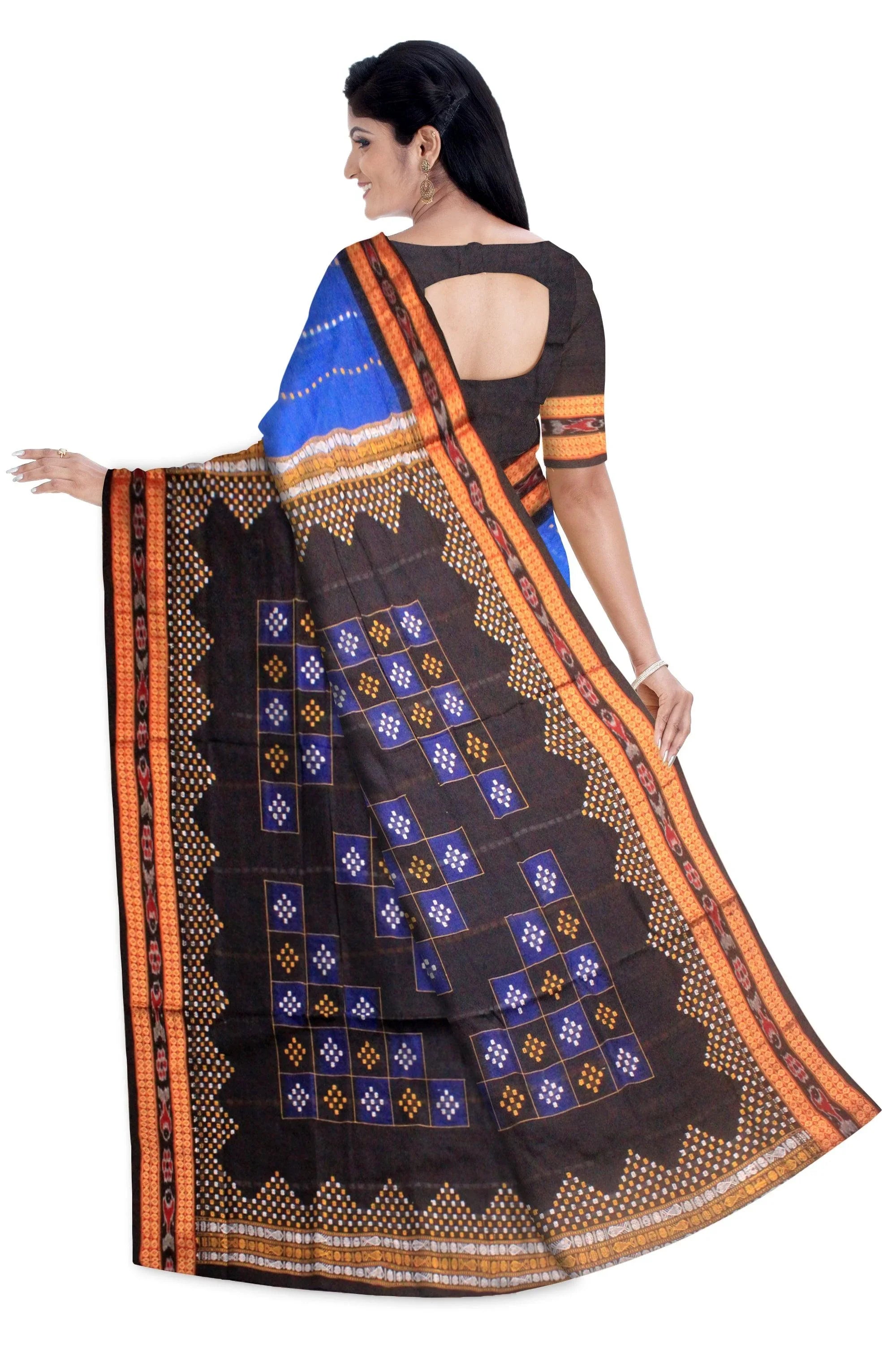 Sambalpuri cotton saree in blue , white and black color base, with blouse piece. - Koshali Arts & Crafts Enterprise