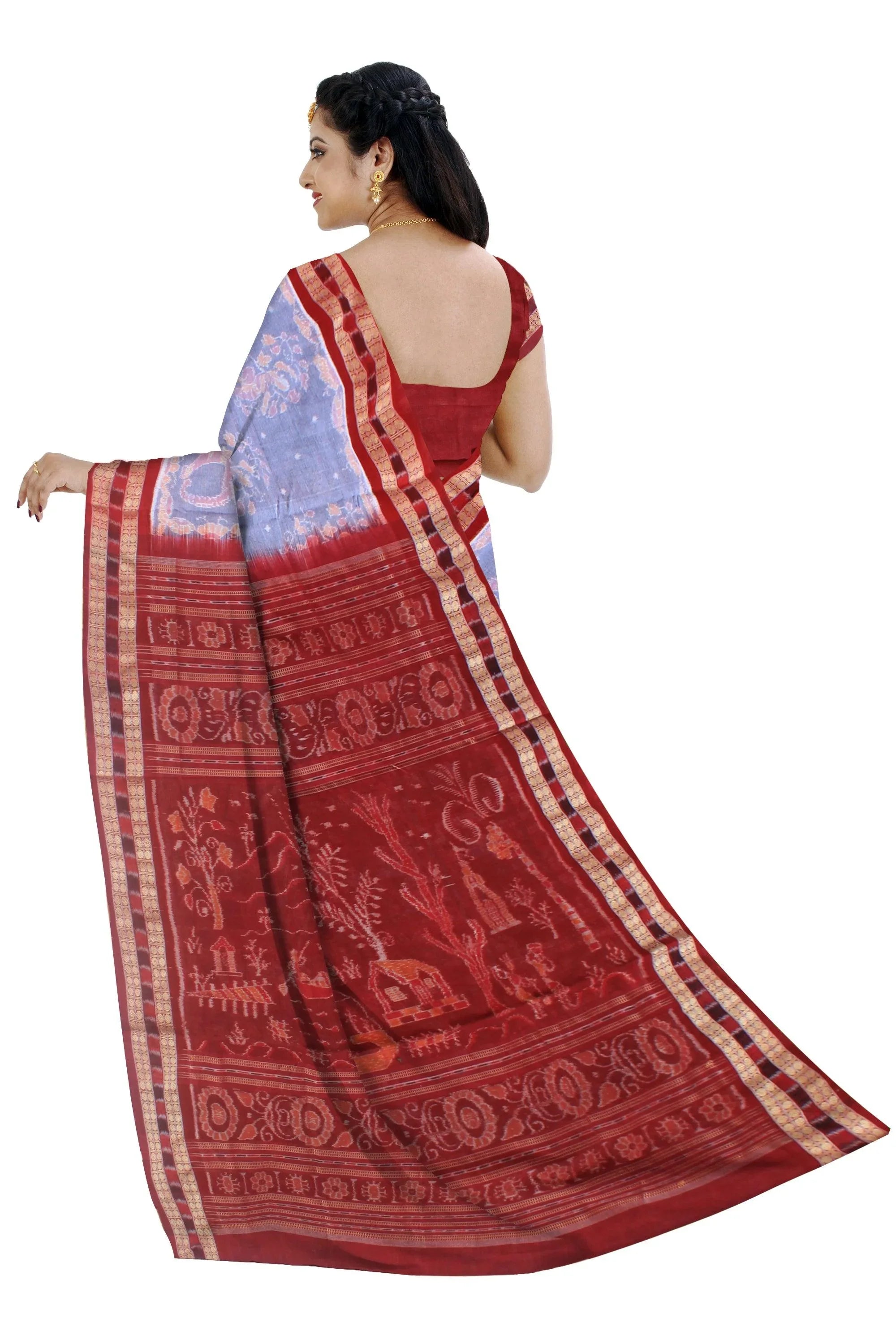 Authentic elephant design of cotton saree in cement and maroon color , with blouse piece. - Koshali Arts & Crafts Enterprise