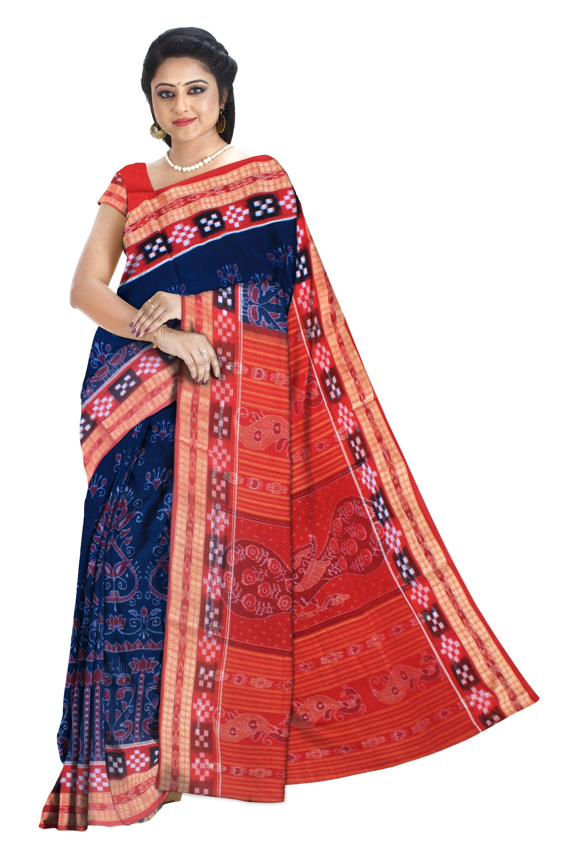 Mayuri print sambalpuri Pasapali saree in ultramarine and red color, with blouse piece. - Koshali Arts & Crafts Enterprise