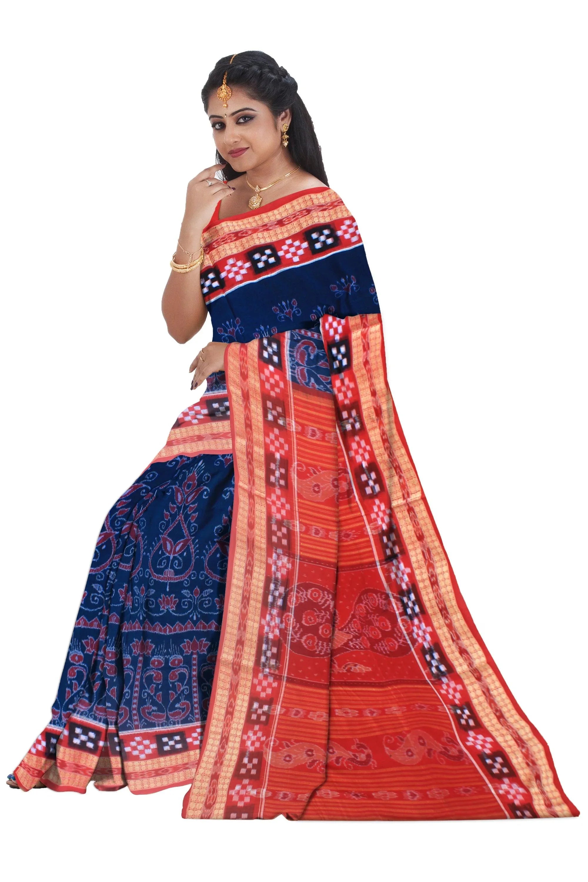 Mayuri print sambalpuri Pasapali saree in ultramarine and red color, with blouse piece. - Koshali Arts & Crafts Enterprise