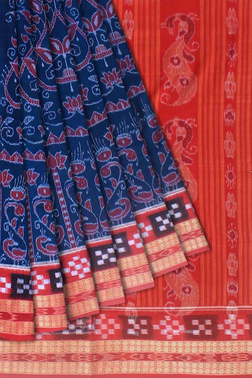 Mayuri print sambalpuri Pasapali saree in ultramarine and red color, with blouse piece. - Koshali Arts & Crafts Enterprise