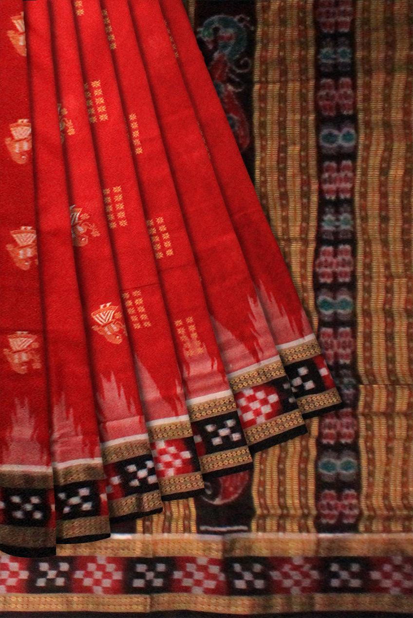 LATEST DESIGN DHADI SAPTA IN RED COLOR TRADITIONAL PASAPALI PATTERN SAMBALPURI COTTON SAREE - Koshali Arts & Crafts Enterprise