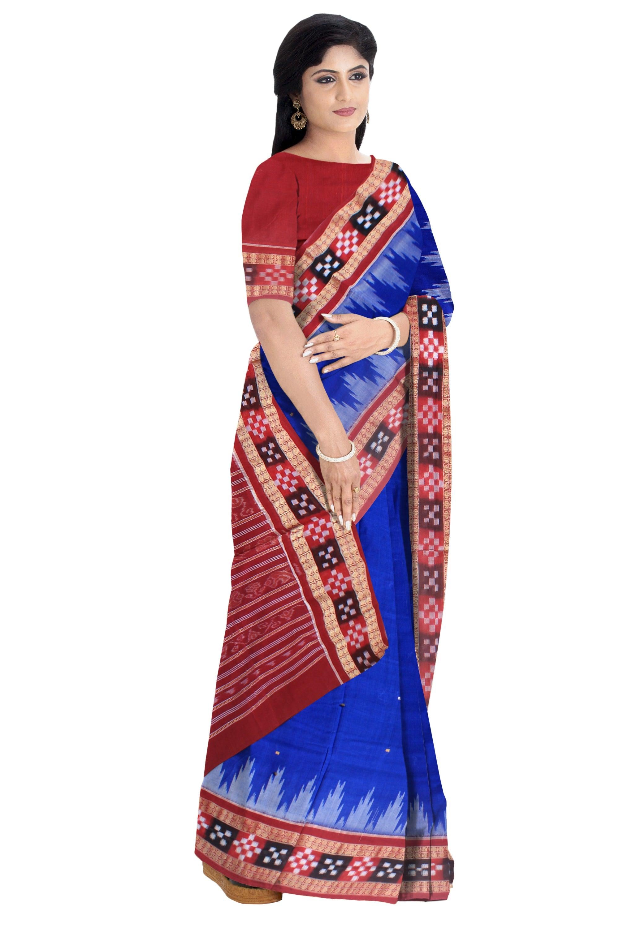 Dhadi sapta sambalpuri cotton saree in blue and maroon color , with blouse piece. - Koshali Arts & Crafts Enterprise