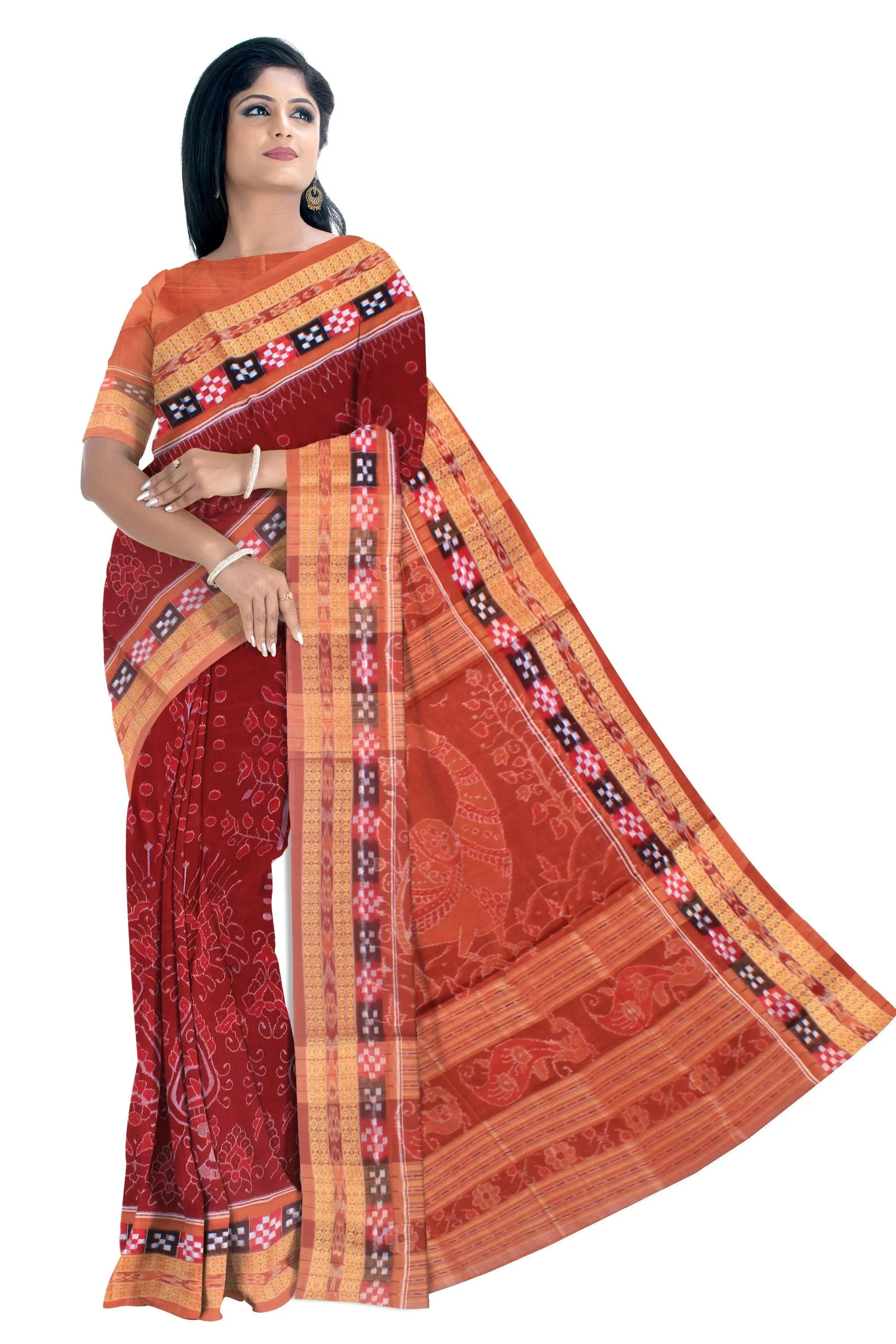 Dhadi sapta sambalpuri cotton saree in maroon and salmon color, with blouse piece. - Koshali Arts & Crafts Enterprise