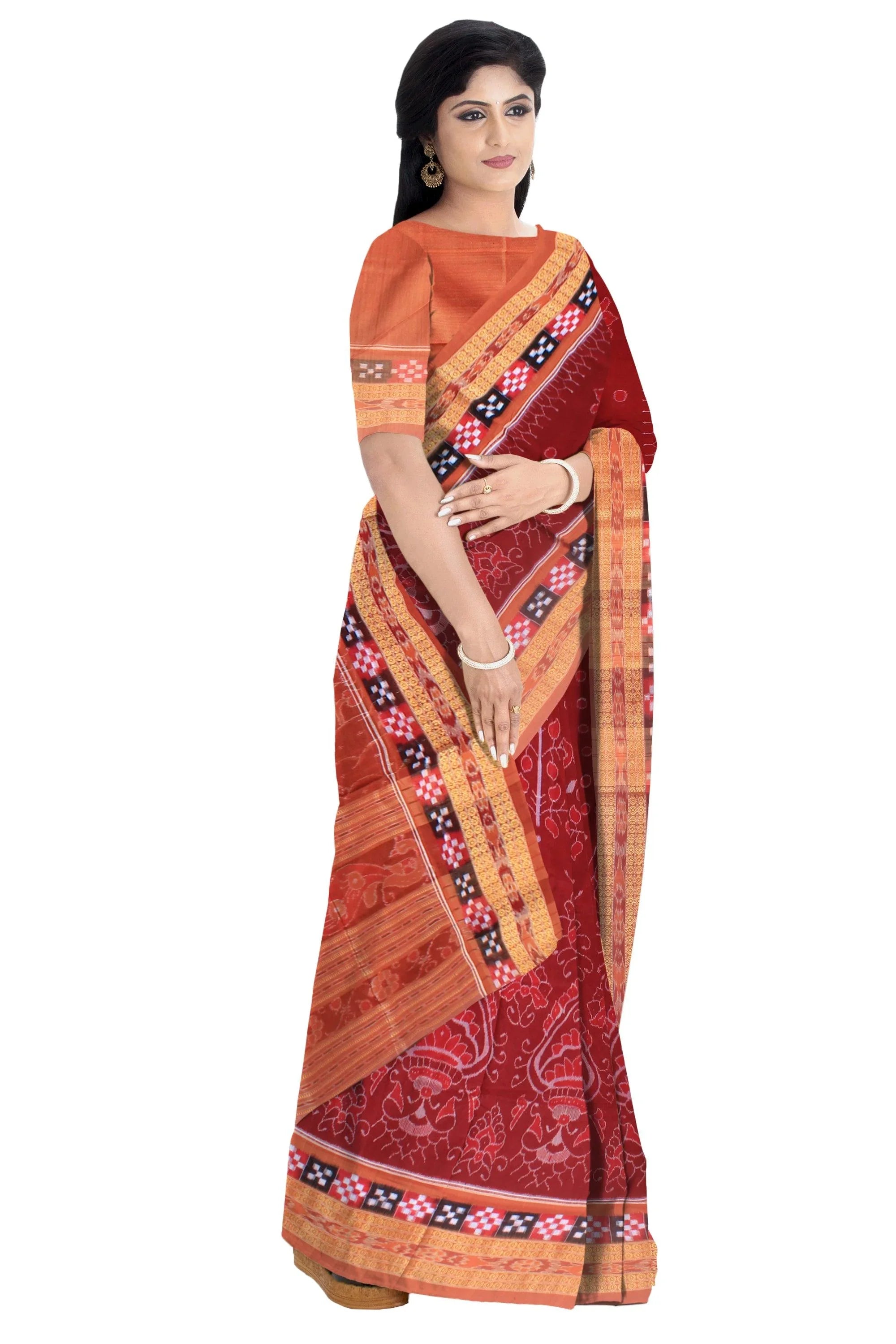 Dhadi sapta sambalpuri cotton saree in maroon and salmon color, with blouse piece. - Koshali Arts & Crafts Enterprise