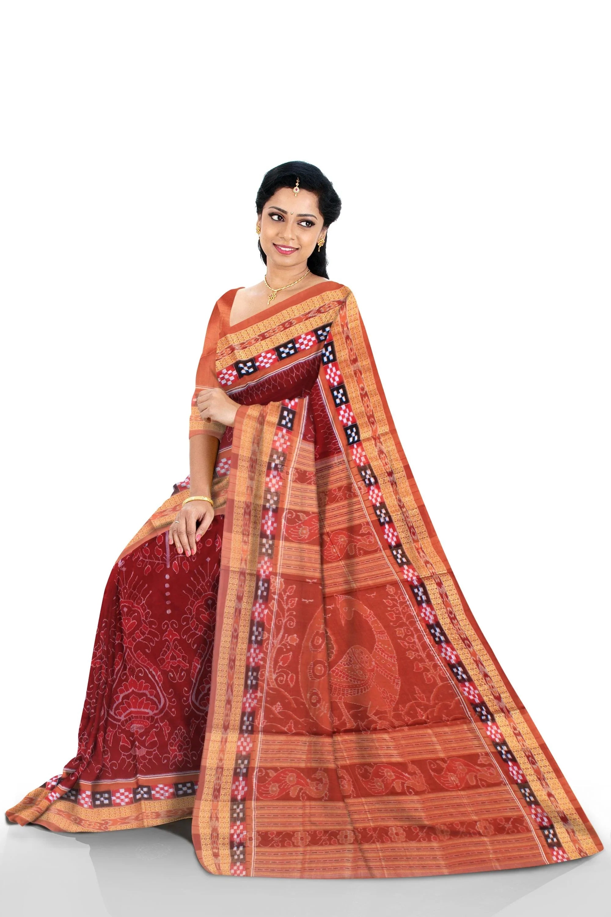 Dhadi sapta sambalpuri cotton saree in maroon and salmon color, with blouse piece. - Koshali Arts & Crafts Enterprise