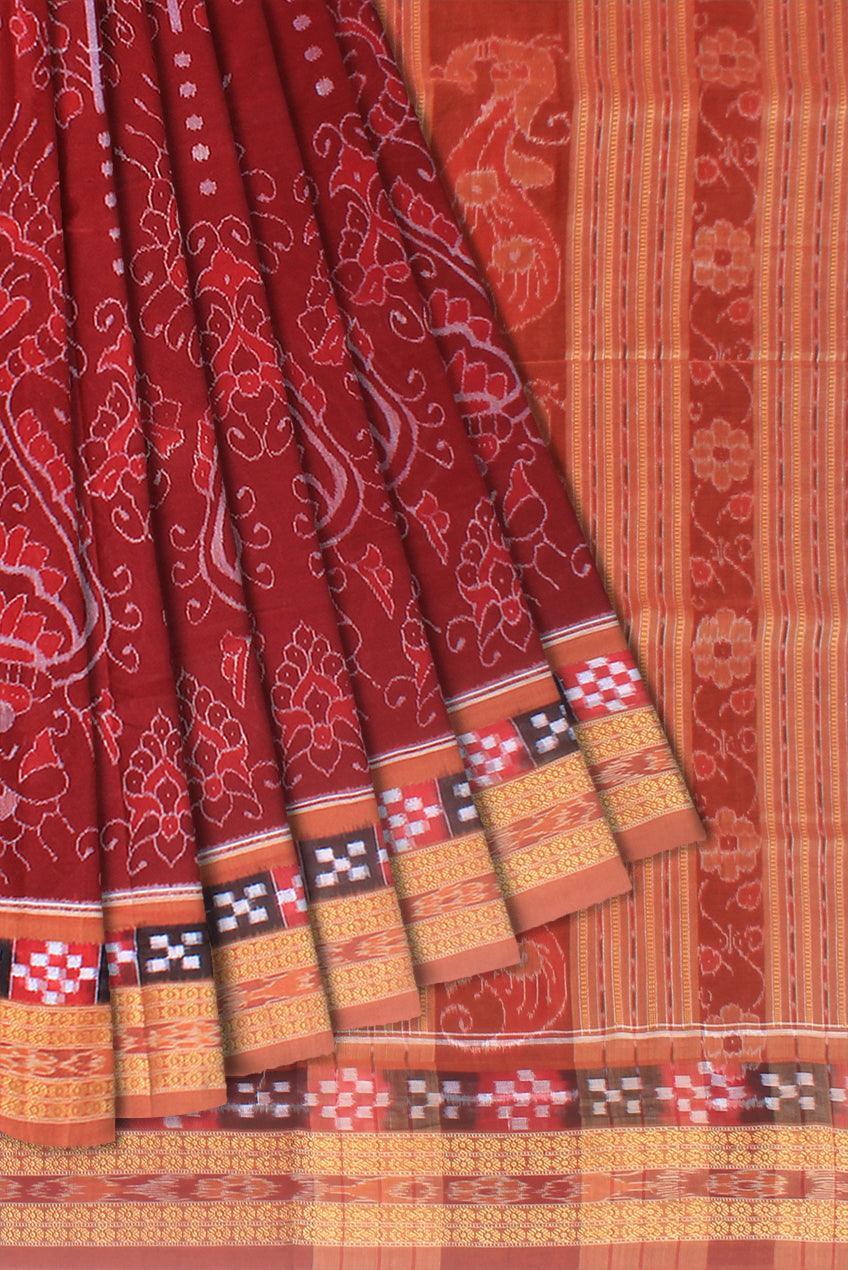 Dhadi sapta sambalpuri cotton saree in maroon and salmon color, with blouse piece. - Koshali Arts & Crafts Enterprise