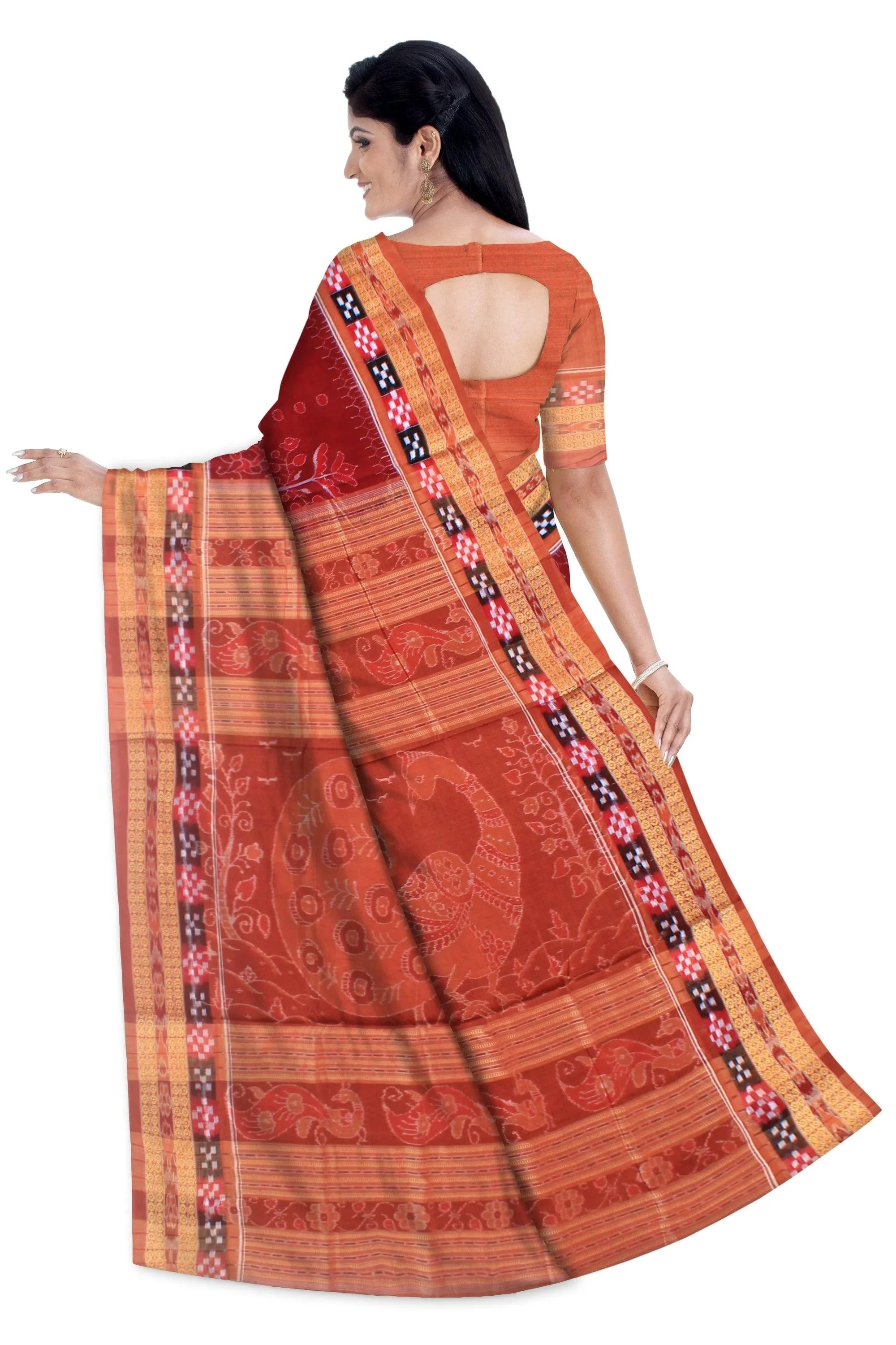 Dhadi sapta sambalpuri cotton saree in maroon and salmon color, with blouse piece. - Koshali Arts & Crafts Enterprise