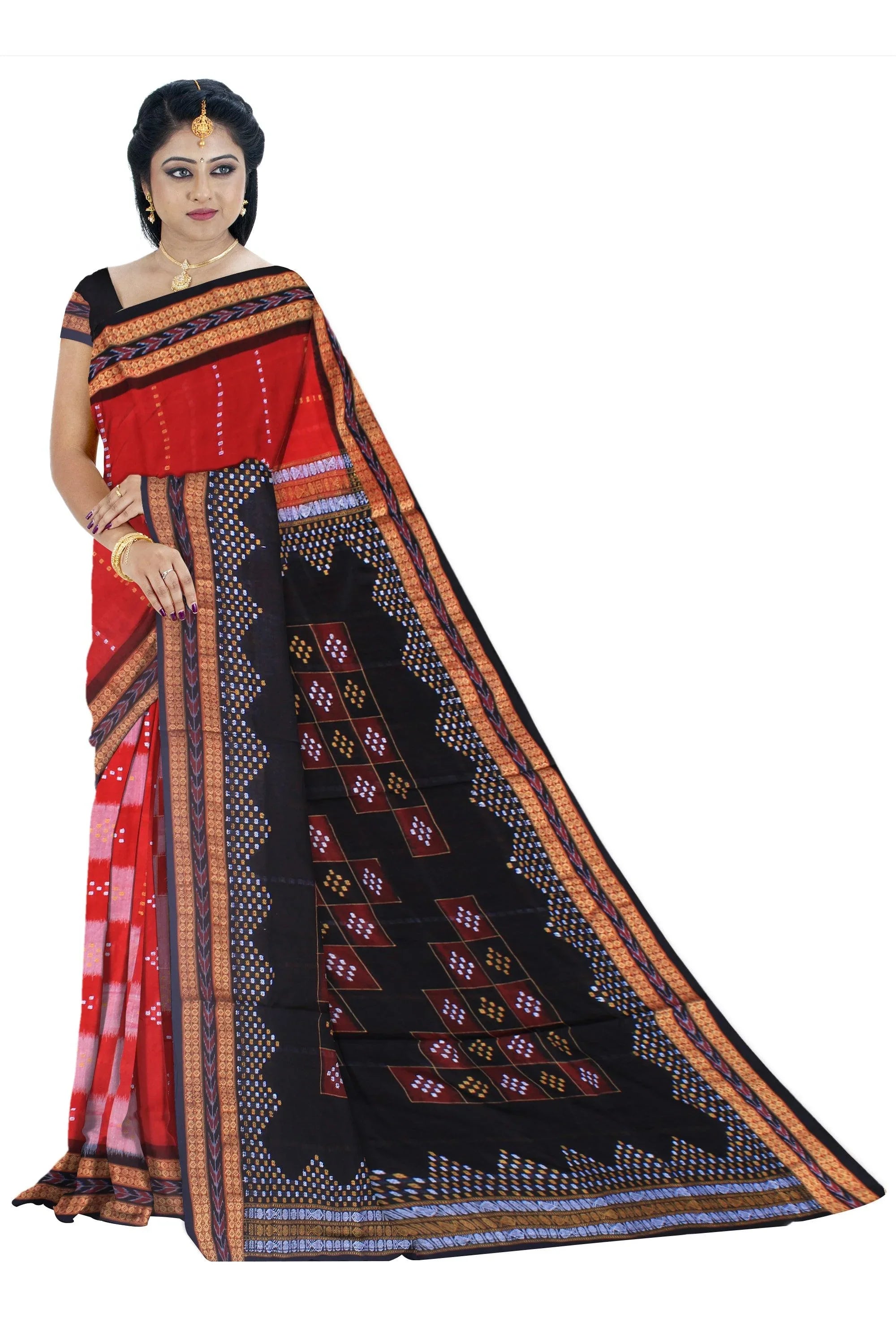 Sambalpuri cotton saree in red , black and white color base, with blouse piece. - Koshali Arts & Crafts Enterprise
