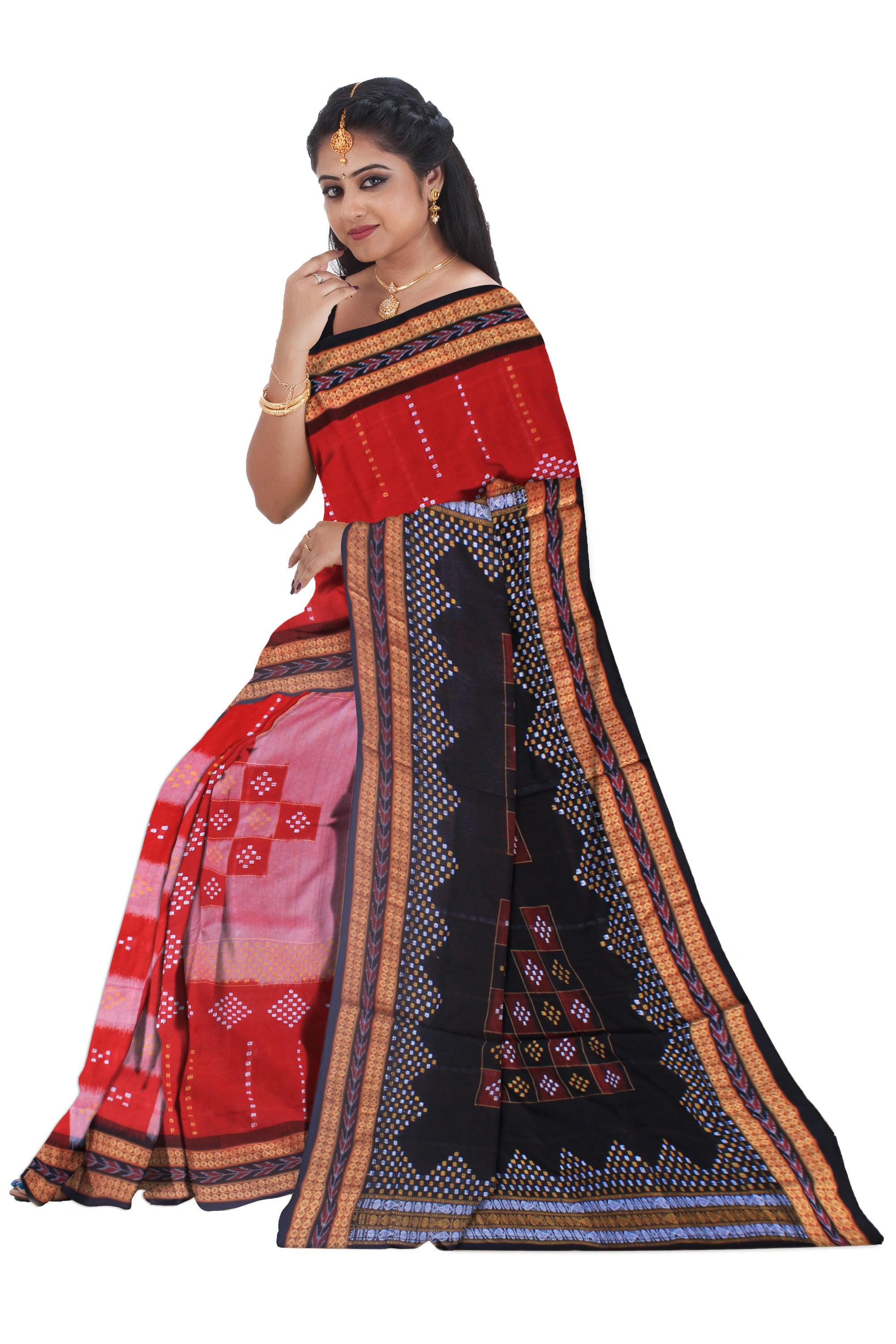 Sambalpuri cotton saree in red , black and white color base, with blouse piece. - Koshali Arts & Crafts Enterprise
