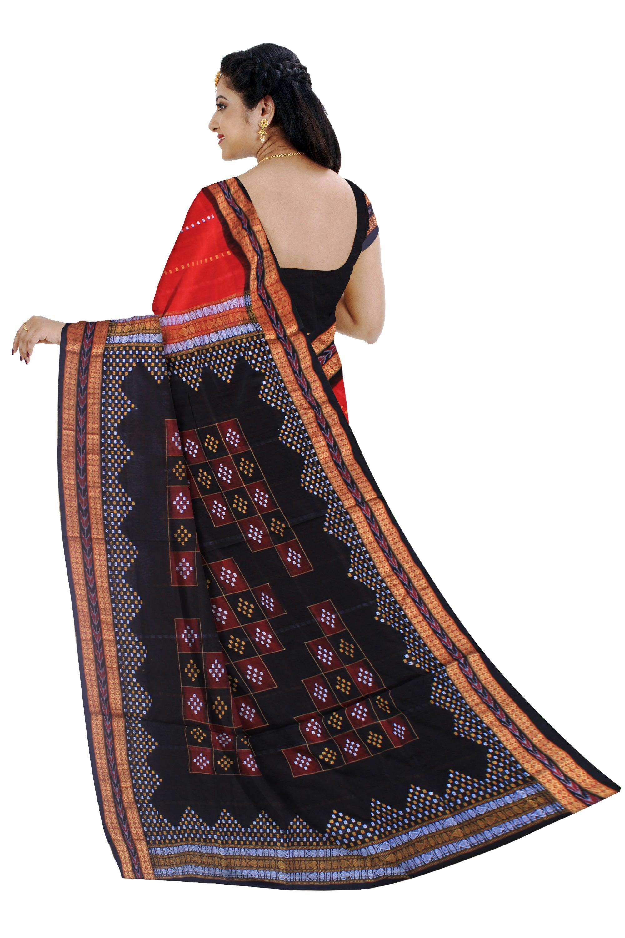 Sambalpuri cotton saree in red , black and white color base, with blouse piece. - Koshali Arts & Crafts Enterprise