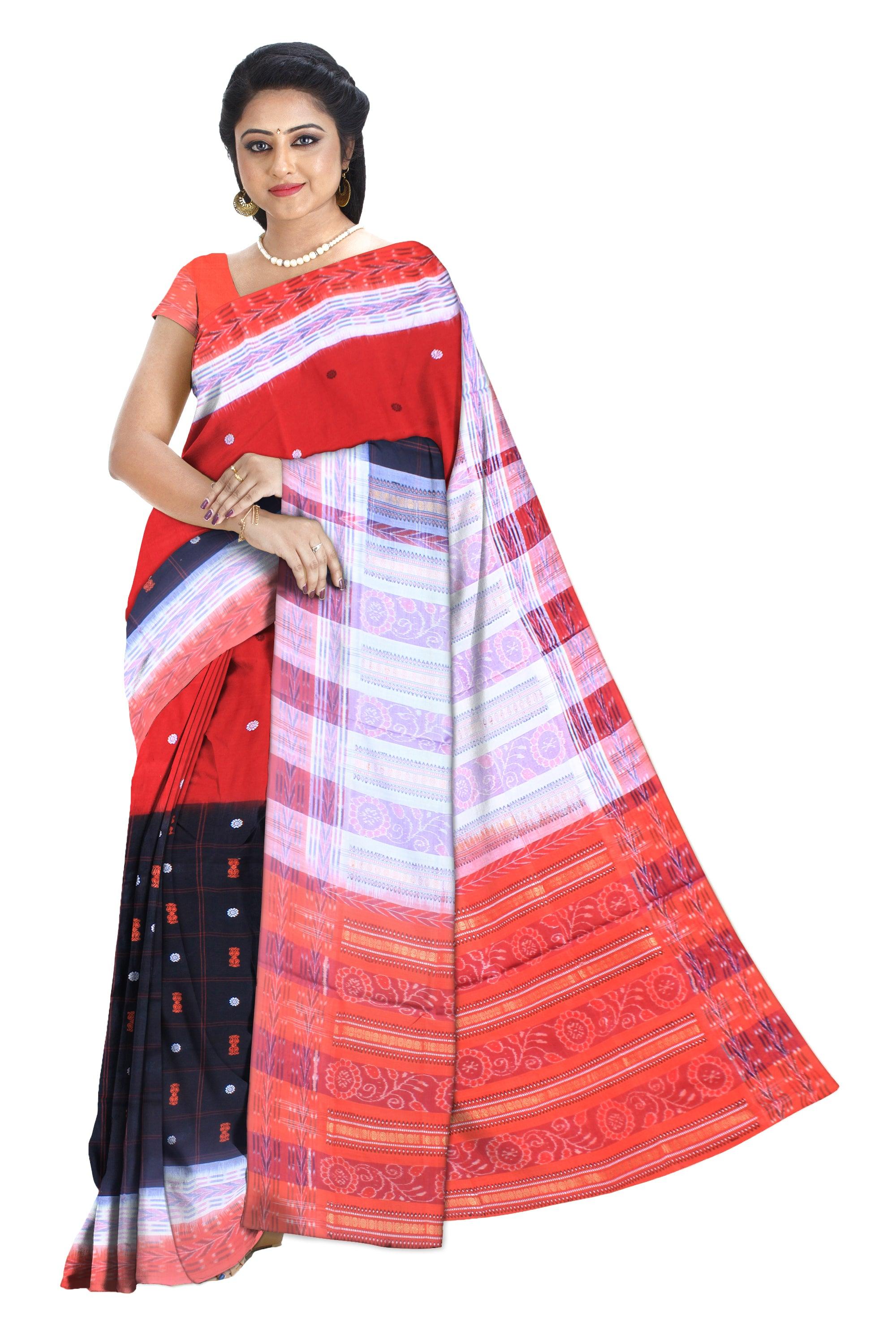Latest design booty pattern sambalpuri cotton saree in red,black and white color, with blouse piece. - Koshali Arts & Crafts Enterprise