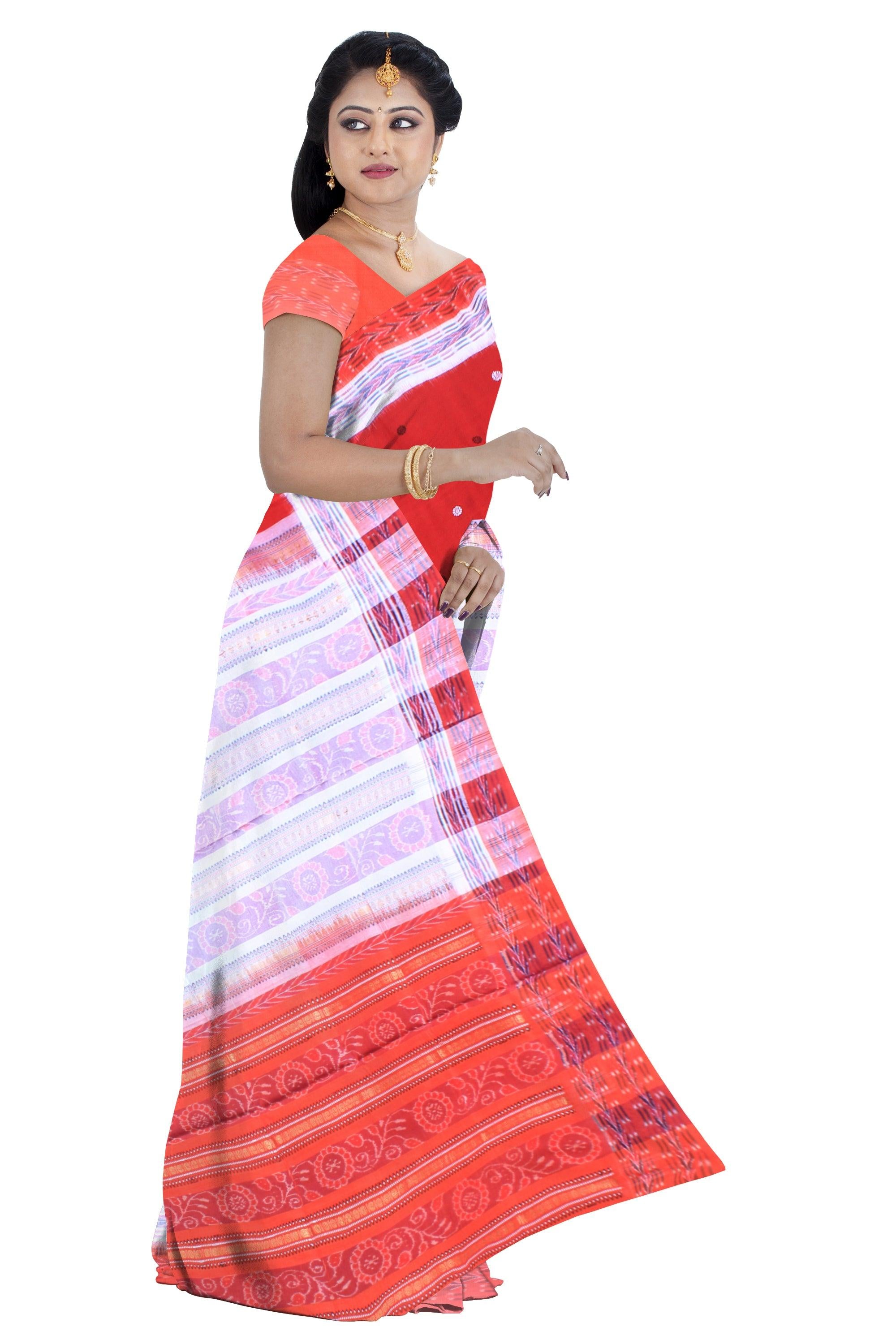 Latest design booty pattern sambalpuri cotton saree in red,black and white color, with blouse piece. - Koshali Arts & Crafts Enterprise