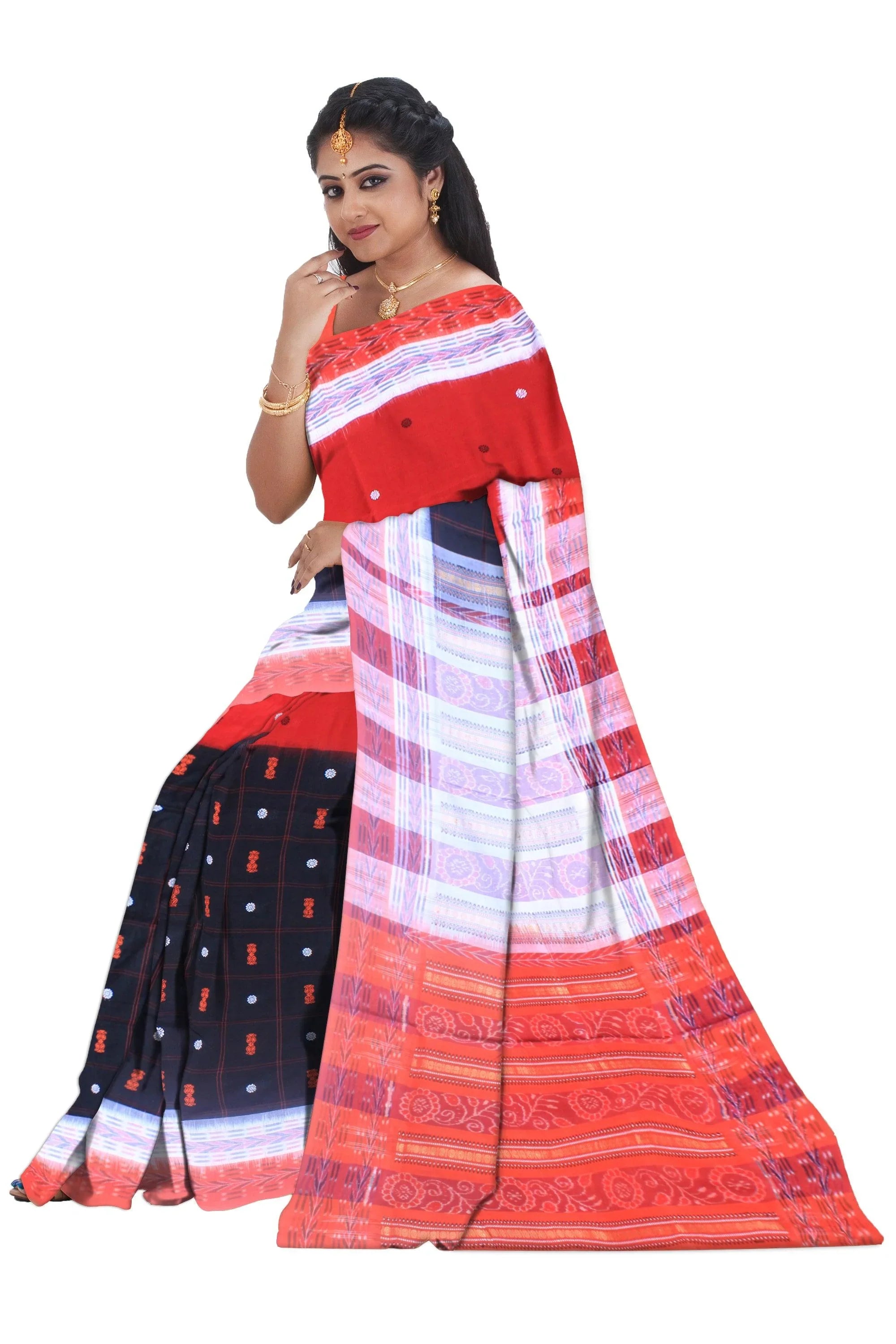 Latest design booty pattern sambalpuri cotton saree in red,black and white color, with blouse piece. - Koshali Arts & Crafts Enterprise
