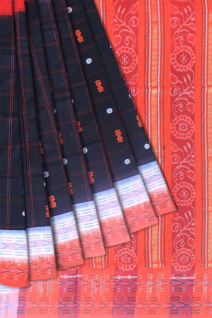 Latest design booty pattern sambalpuri cotton saree in red,black and white color, with blouse piece. - Koshali Arts & Crafts Enterprise