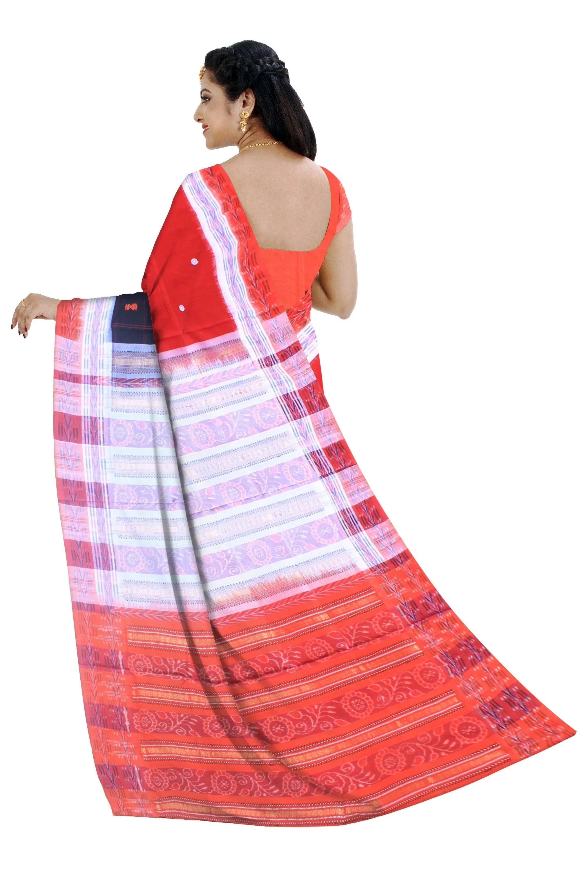 Latest design booty pattern sambalpuri cotton saree in red,black and white color, with blouse piece. - Koshali Arts & Crafts Enterprise