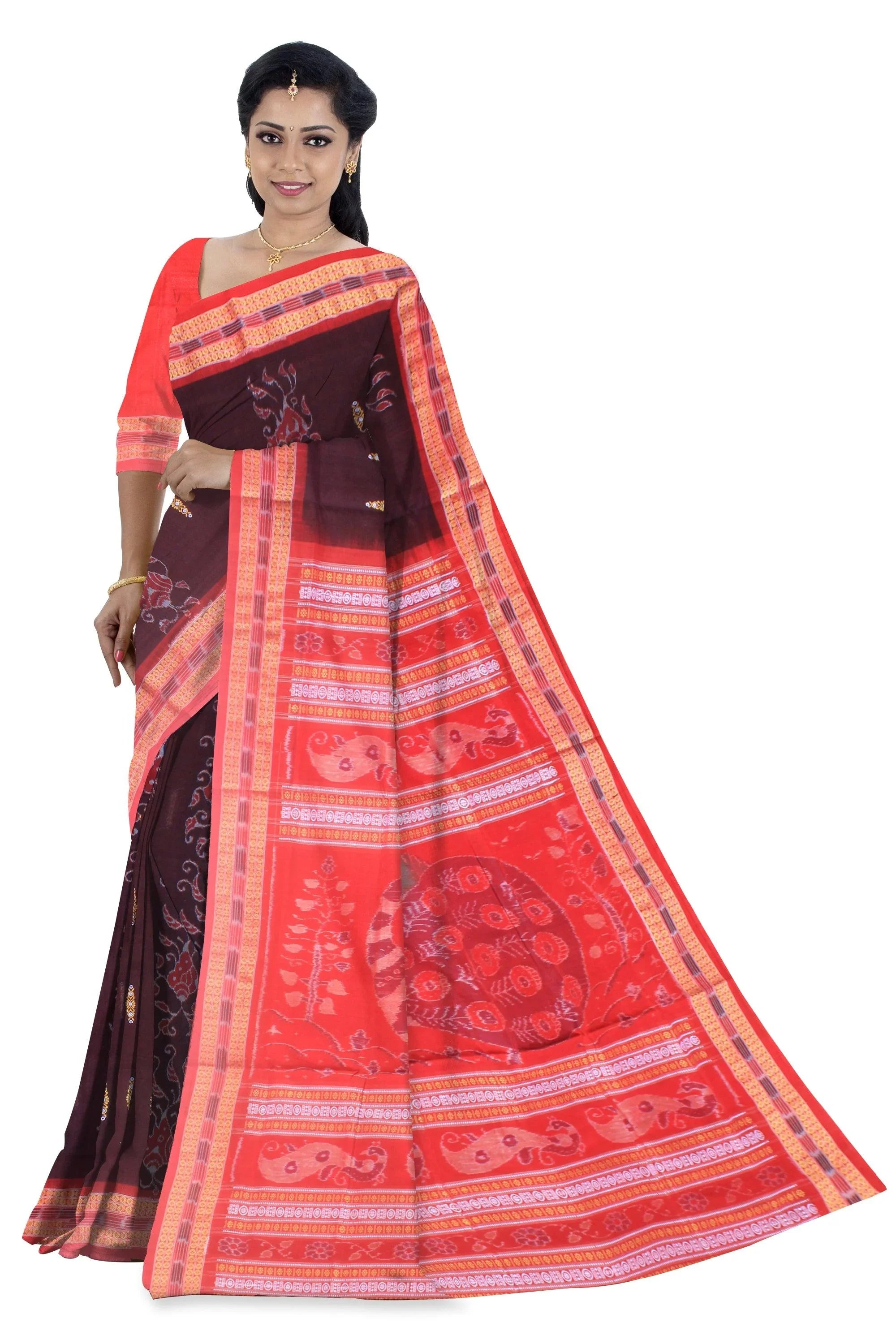 Bandha design of sambalpuri cotton sareee in coffee and red color , with blouse piece. - Koshali Arts & Crafts Enterprise