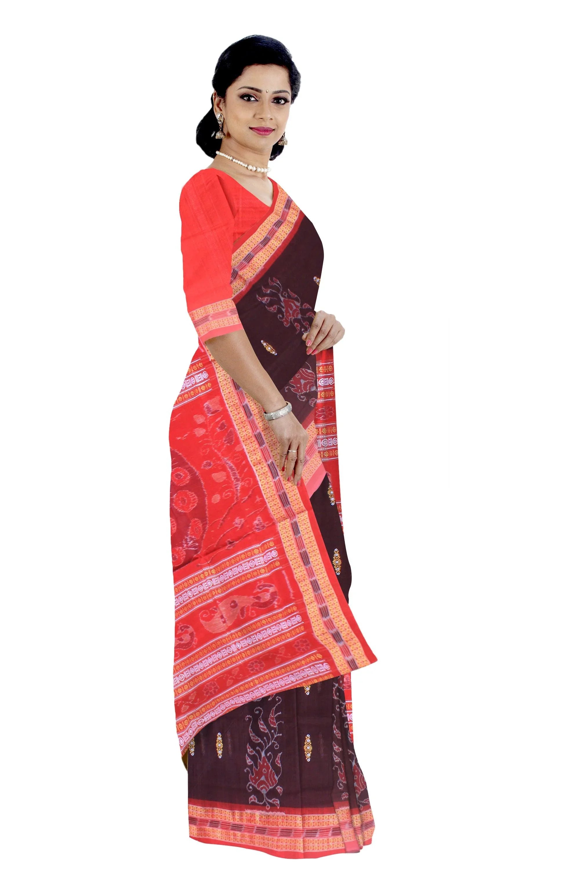 Bandha design of sambalpuri cotton sareee in coffee and red color , with blouse piece. - Koshali Arts & Crafts Enterprise