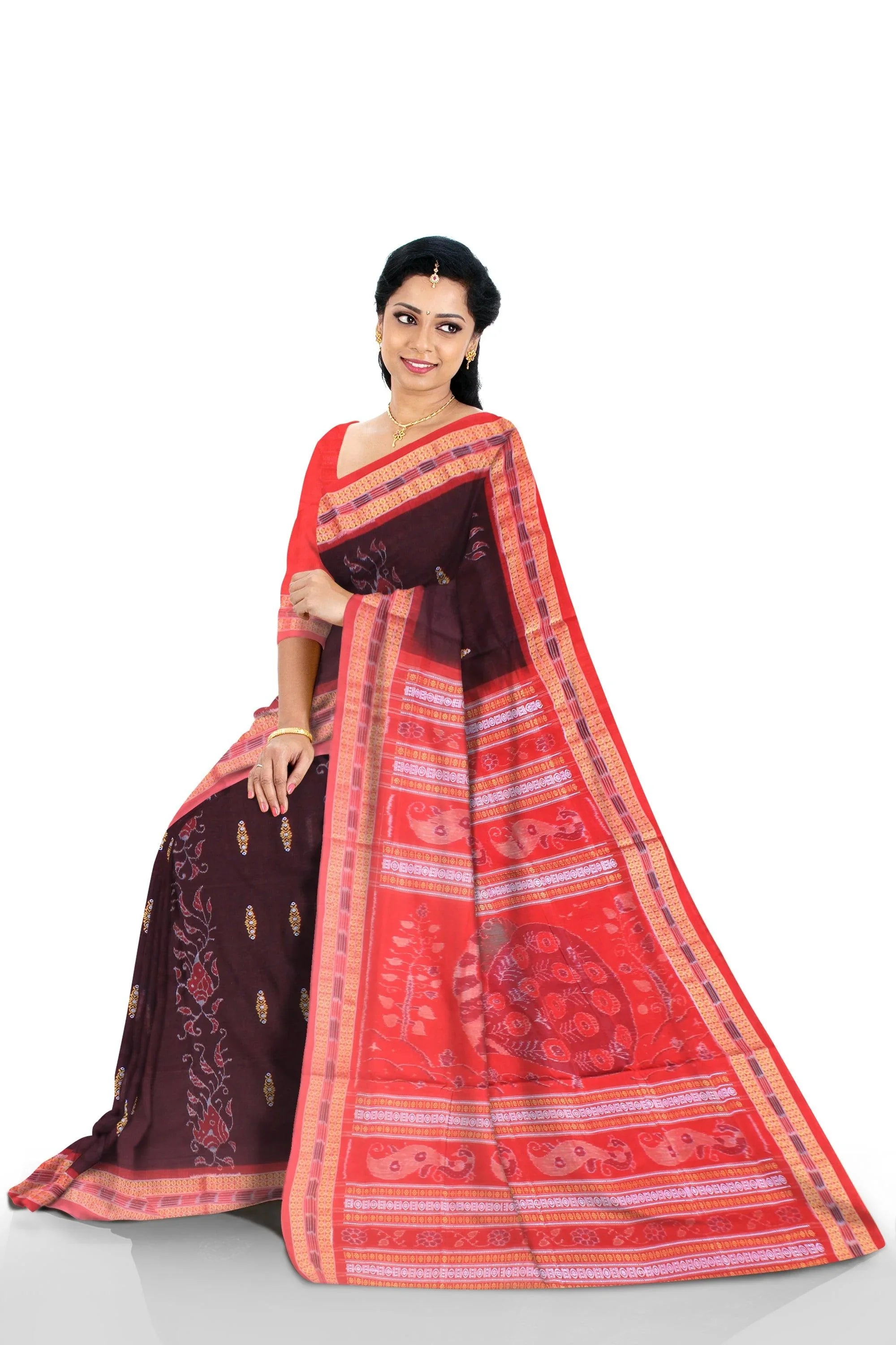 Bandha design of sambalpuri cotton sareee in coffee and red color , with blouse piece. - Koshali Arts & Crafts Enterprise