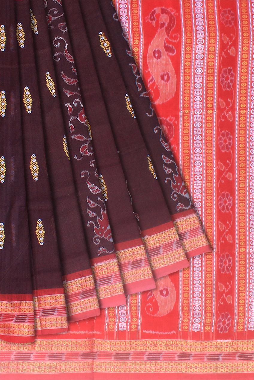 Bandha design of sambalpuri cotton sareee in coffee and red color , with blouse piece. - Koshali Arts & Crafts Enterprise