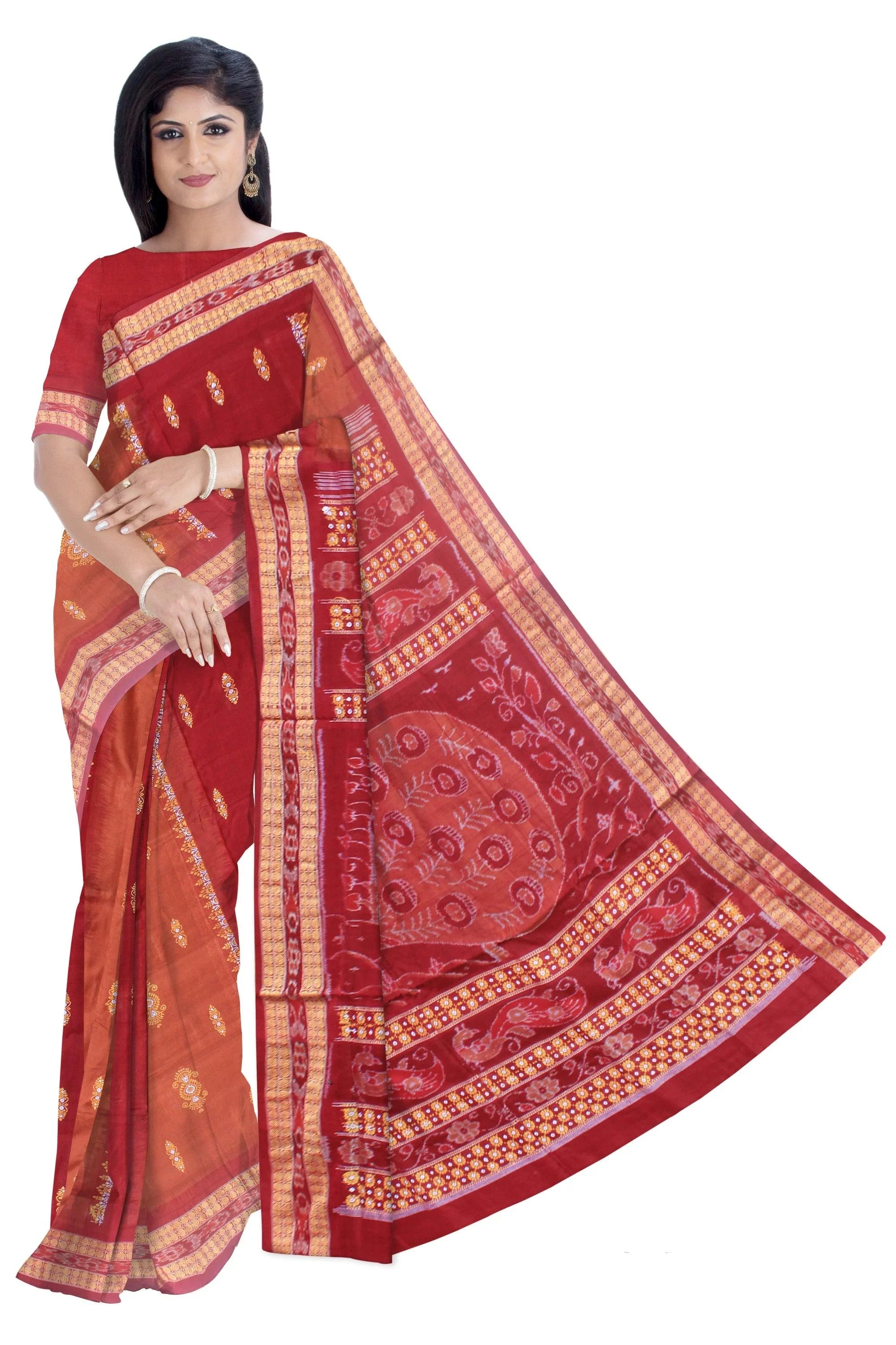 sambalpuri bandha cotton saree in brown and maroon color base, with blouse piece. - Koshali Arts & Crafts Enterprise