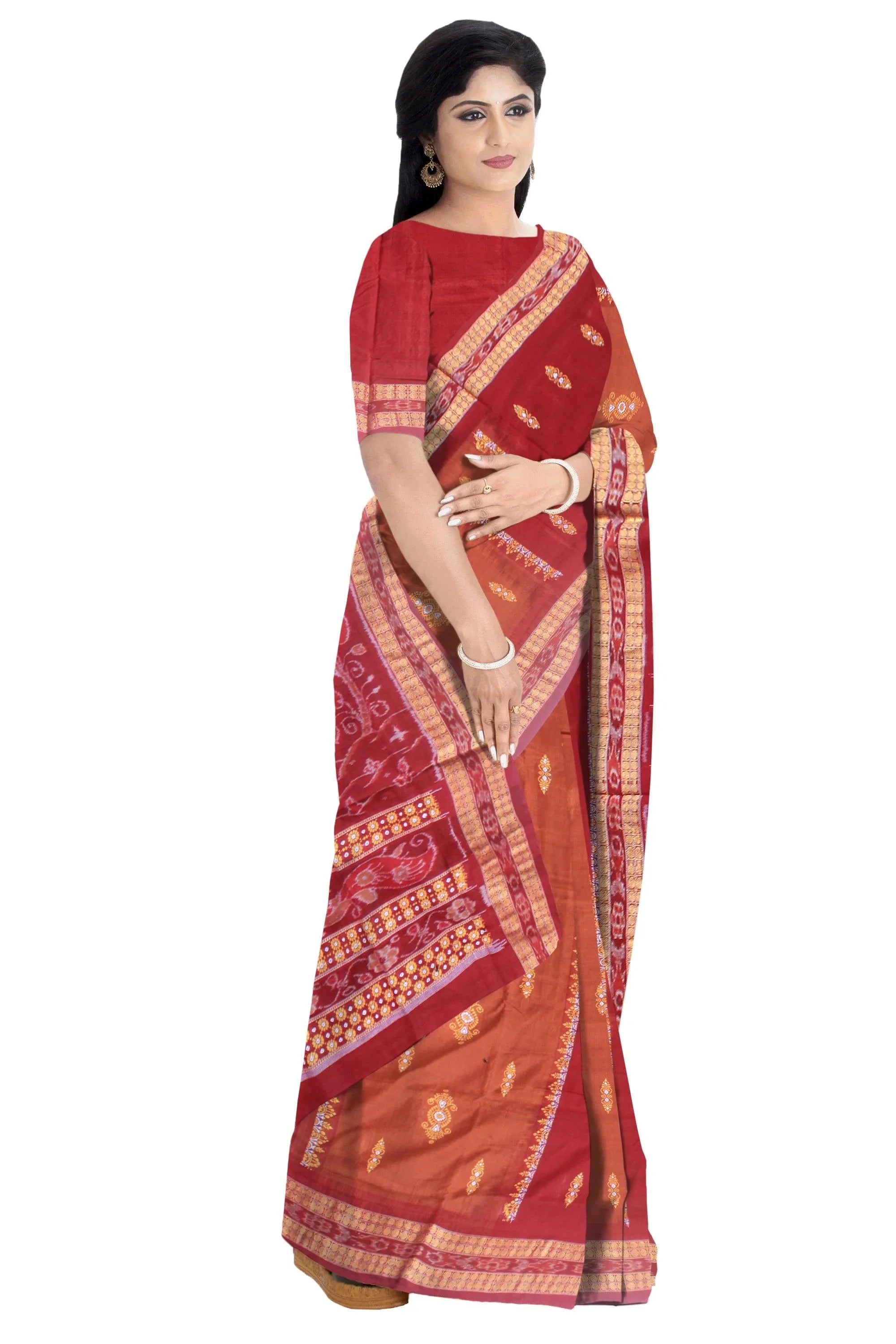 sambalpuri bandha cotton saree in brown and maroon color base, with blouse piece. - Koshali Arts & Crafts Enterprise