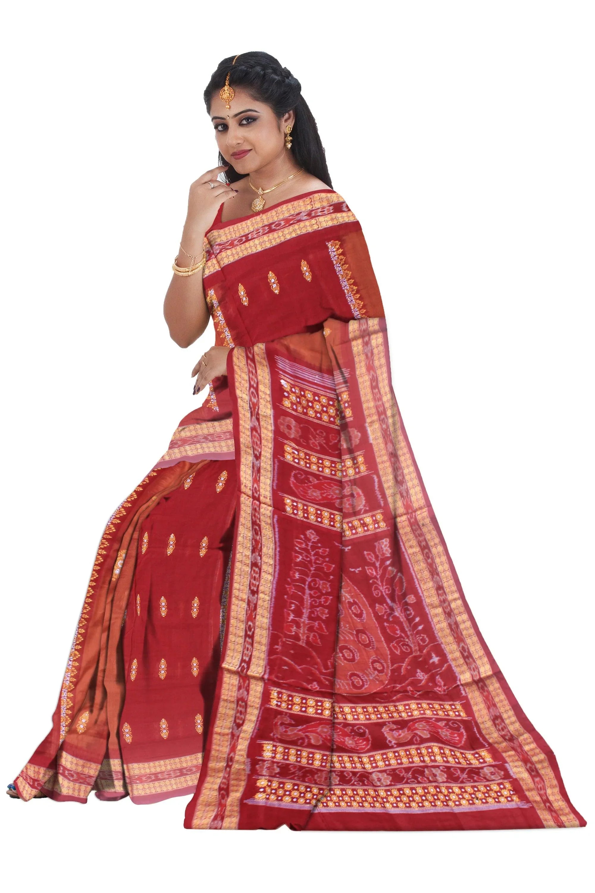 sambalpuri bandha cotton saree in brown and maroon color base, with blouse piece. - Koshali Arts & Crafts Enterprise