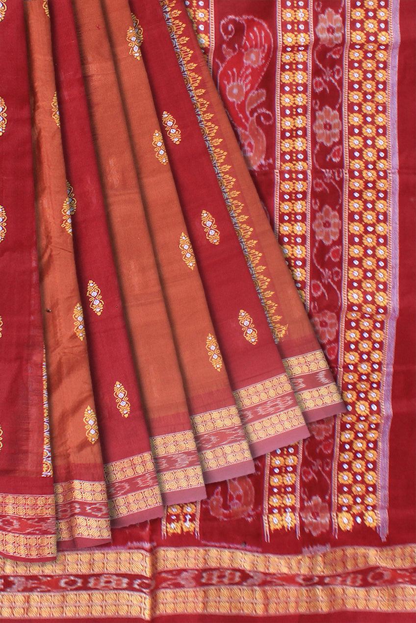sambalpuri bandha cotton saree in brown and maroon color base, with blouse piece. - Koshali Arts & Crafts Enterprise