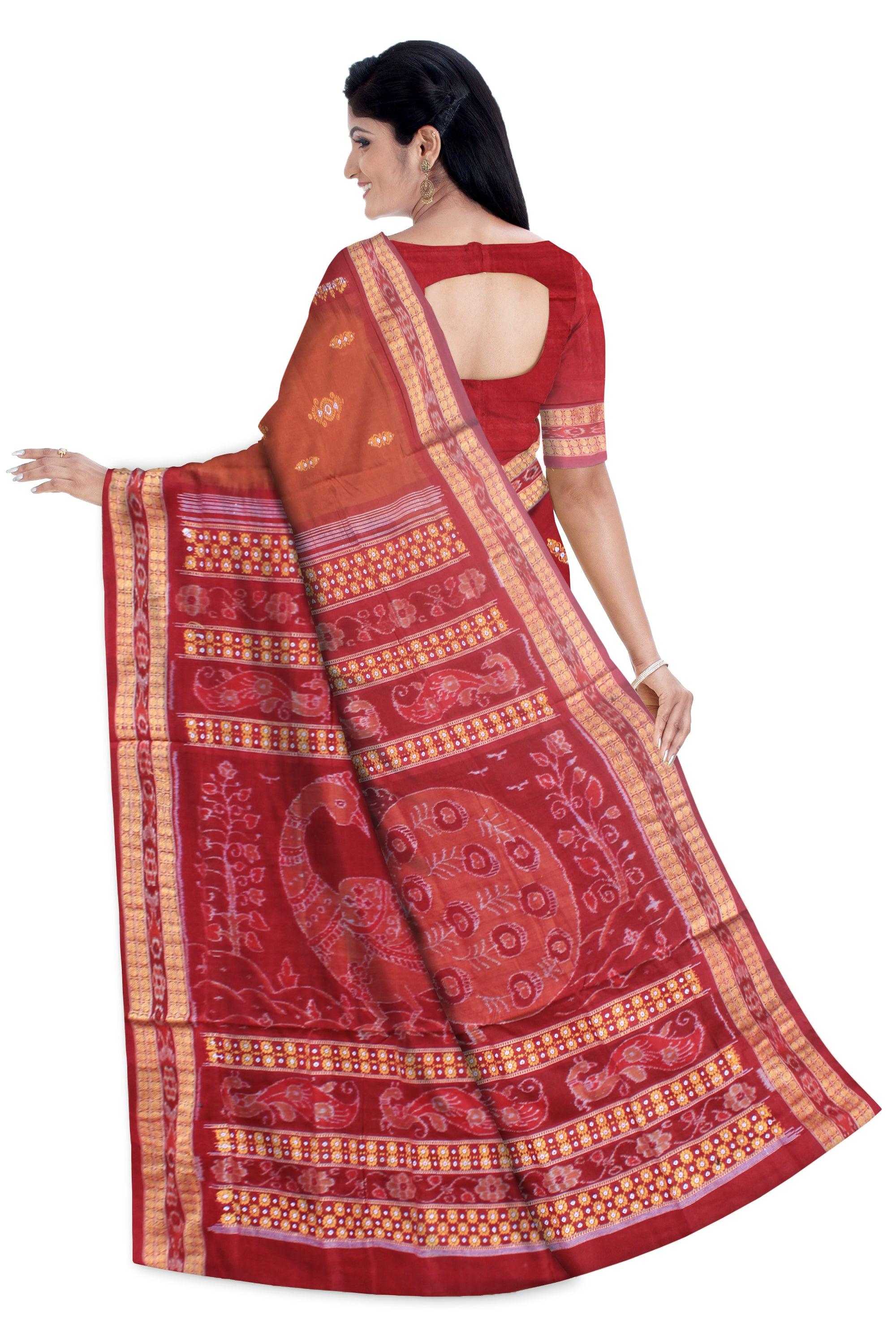 sambalpuri bandha cotton saree in brown and maroon color base, with blouse piece. - Koshali Arts & Crafts Enterprise