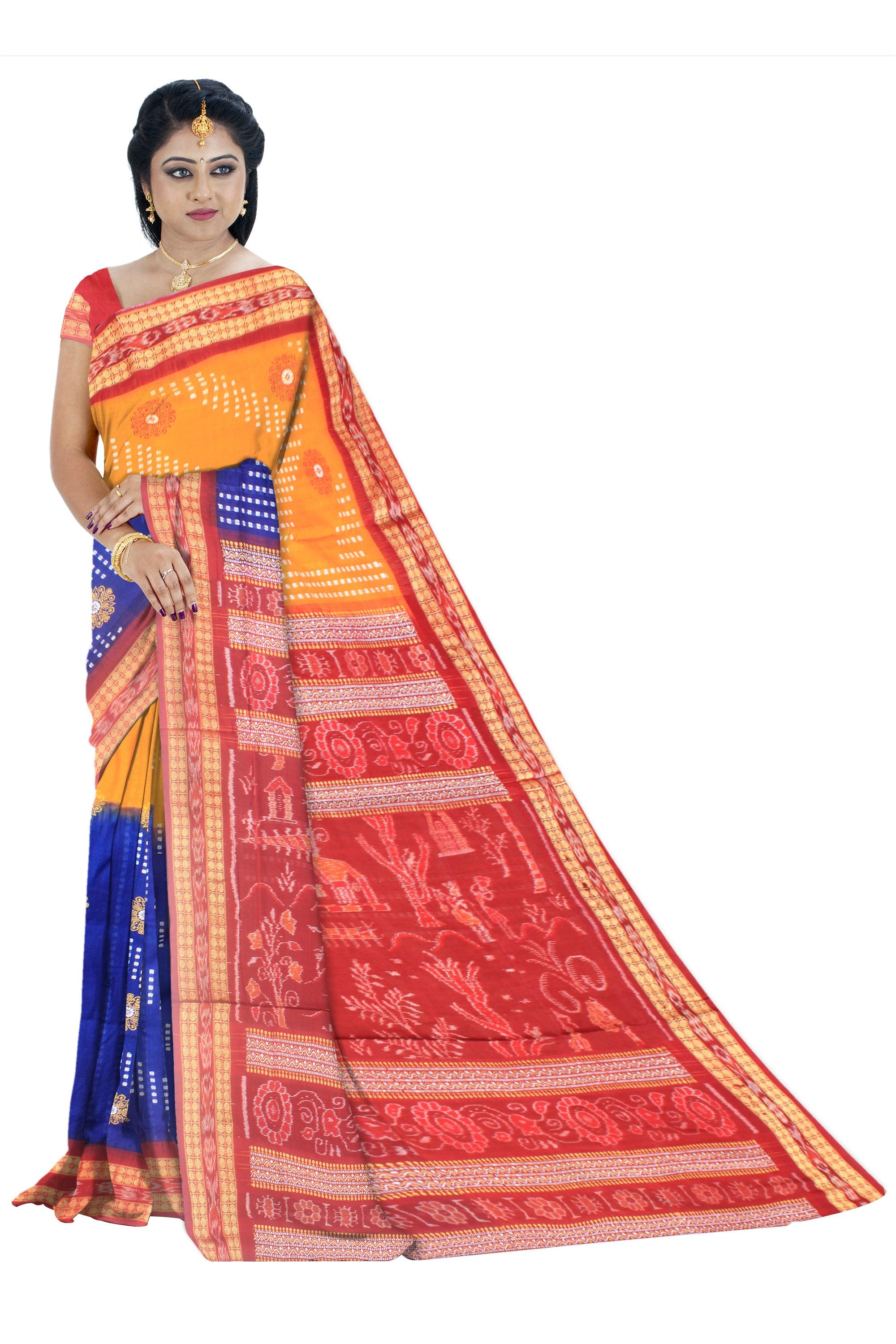 Blue , yellow and maroon color sambalpuri cotton saree  with blouse piece. - Koshali Arts & Crafts Enterprise