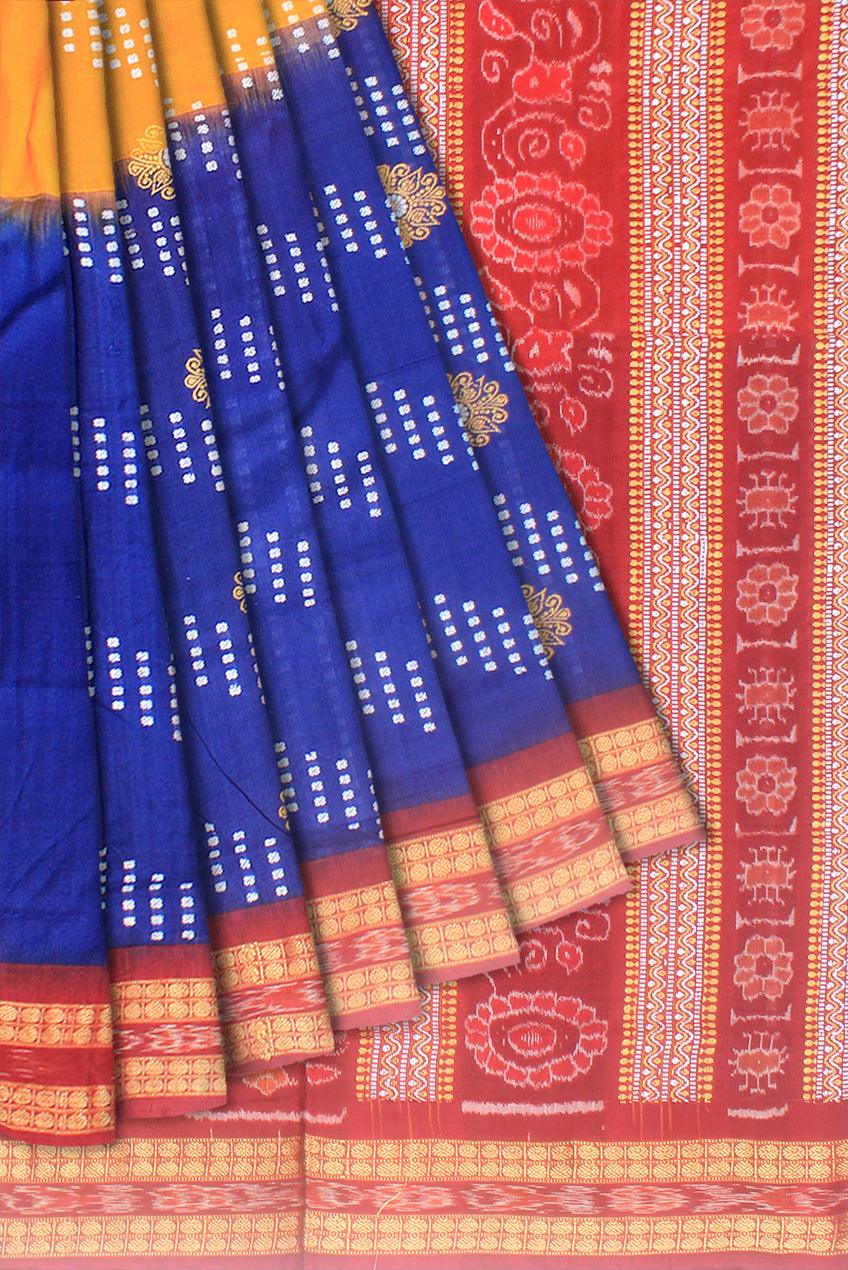 Blue , yellow and maroon color sambalpuri cotton saree with blouse piece. - Koshali Arts & Crafts Enterprise