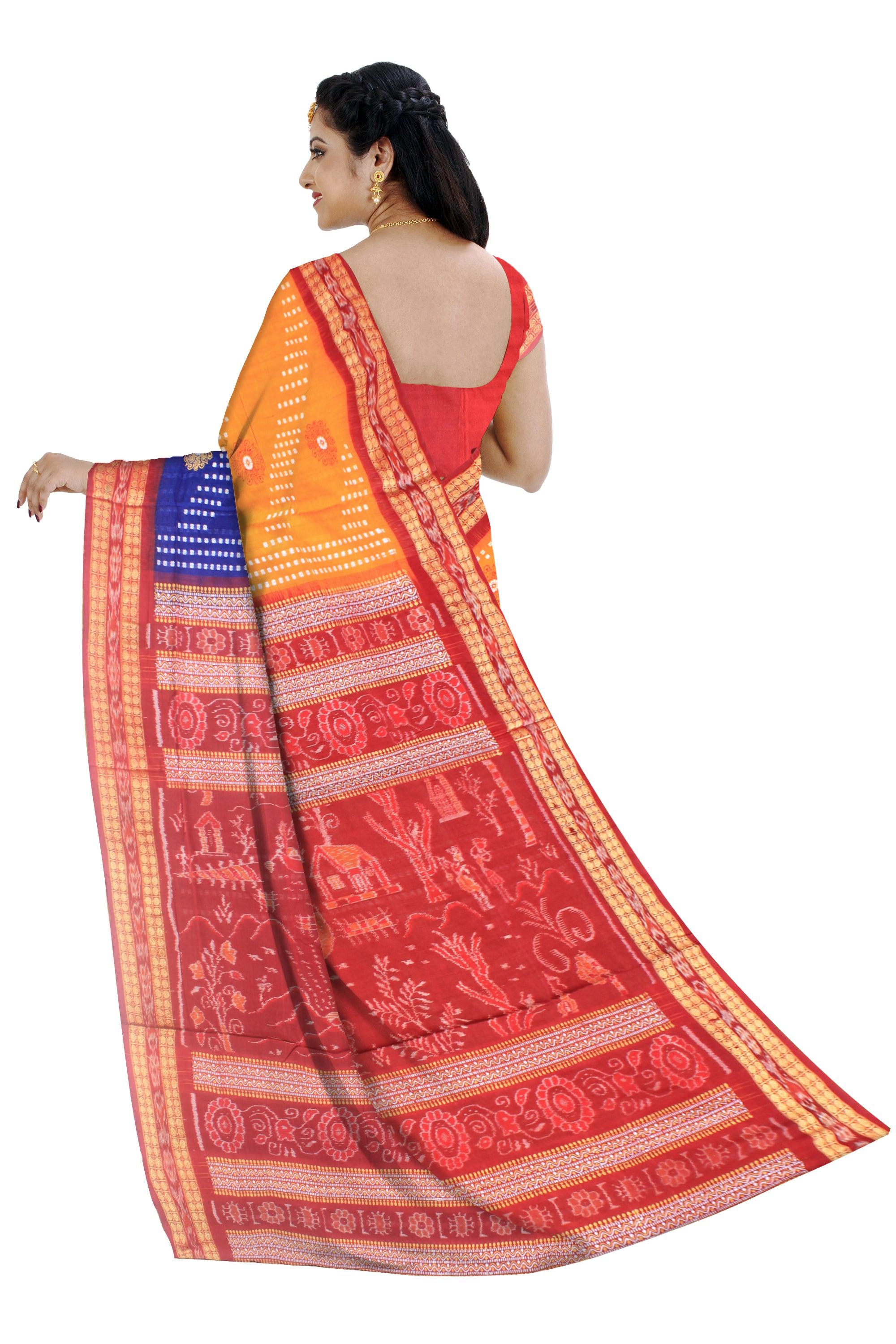 Blue , yellow and maroon color sambalpuri cotton saree with blouse piece. - Koshali Arts & Crafts Enterprise