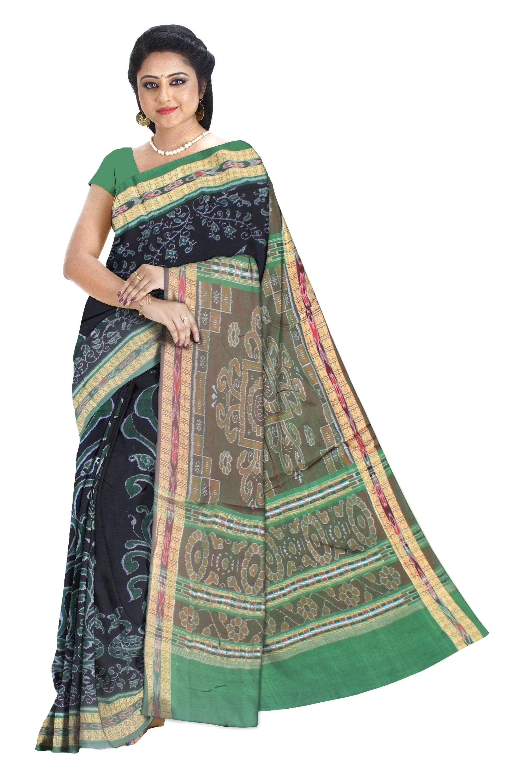 Mayuri design of handloom cotton saree in light green and black color base , with out blouse piece. - Koshali Arts & Crafts Enterprise