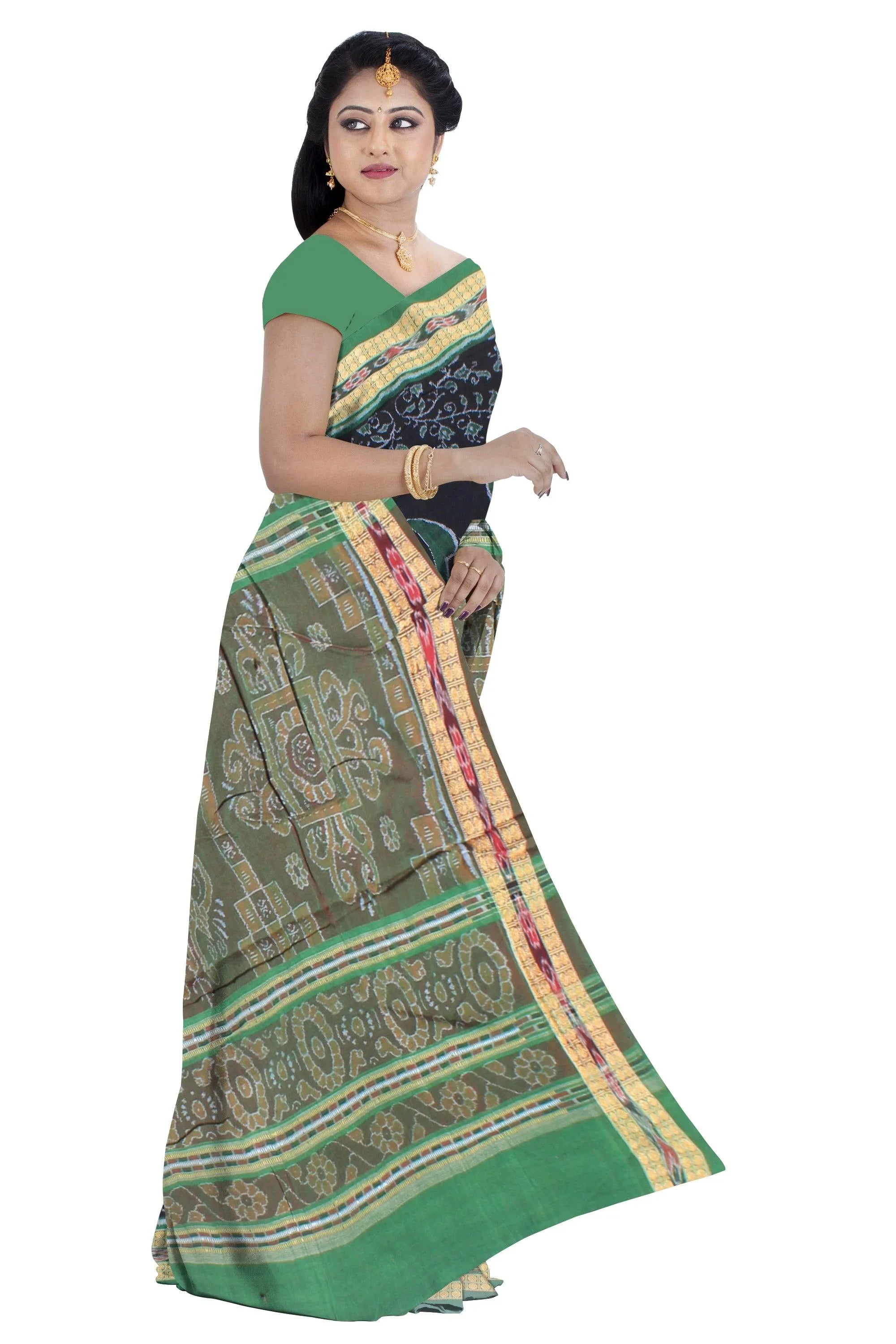 Mayuri design of handloom cotton saree in light green and black color base , with out blouse piece. - Koshali Arts & Crafts Enterprise
