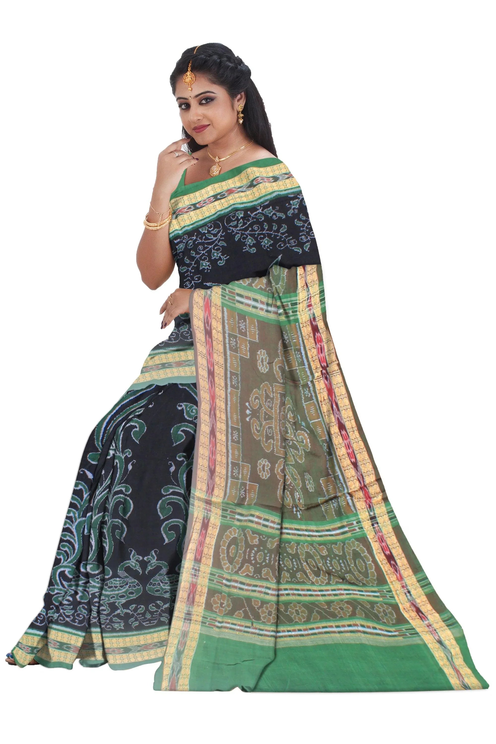 Mayuri design of handloom cotton saree in light green and black color base , with out blouse piece. - Koshali Arts & Crafts Enterprise