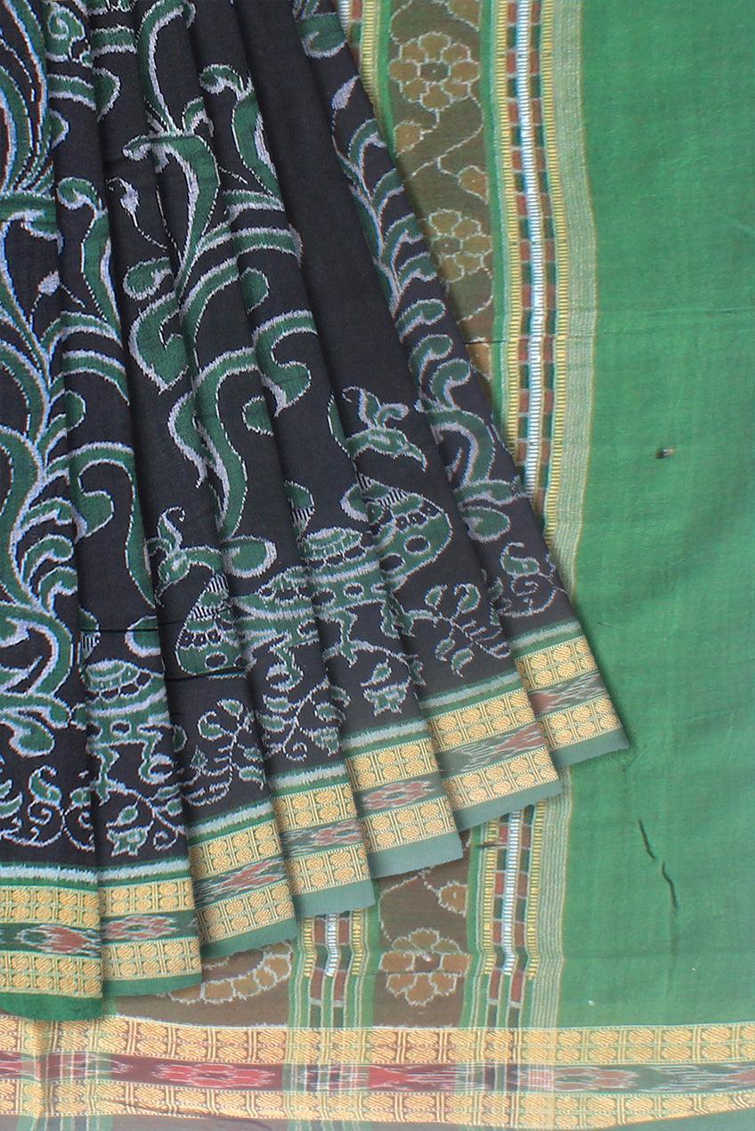 Mayuri design of handloom cotton saree in light green and black color base , with out blouse piece. - Koshali Arts & Crafts Enterprise