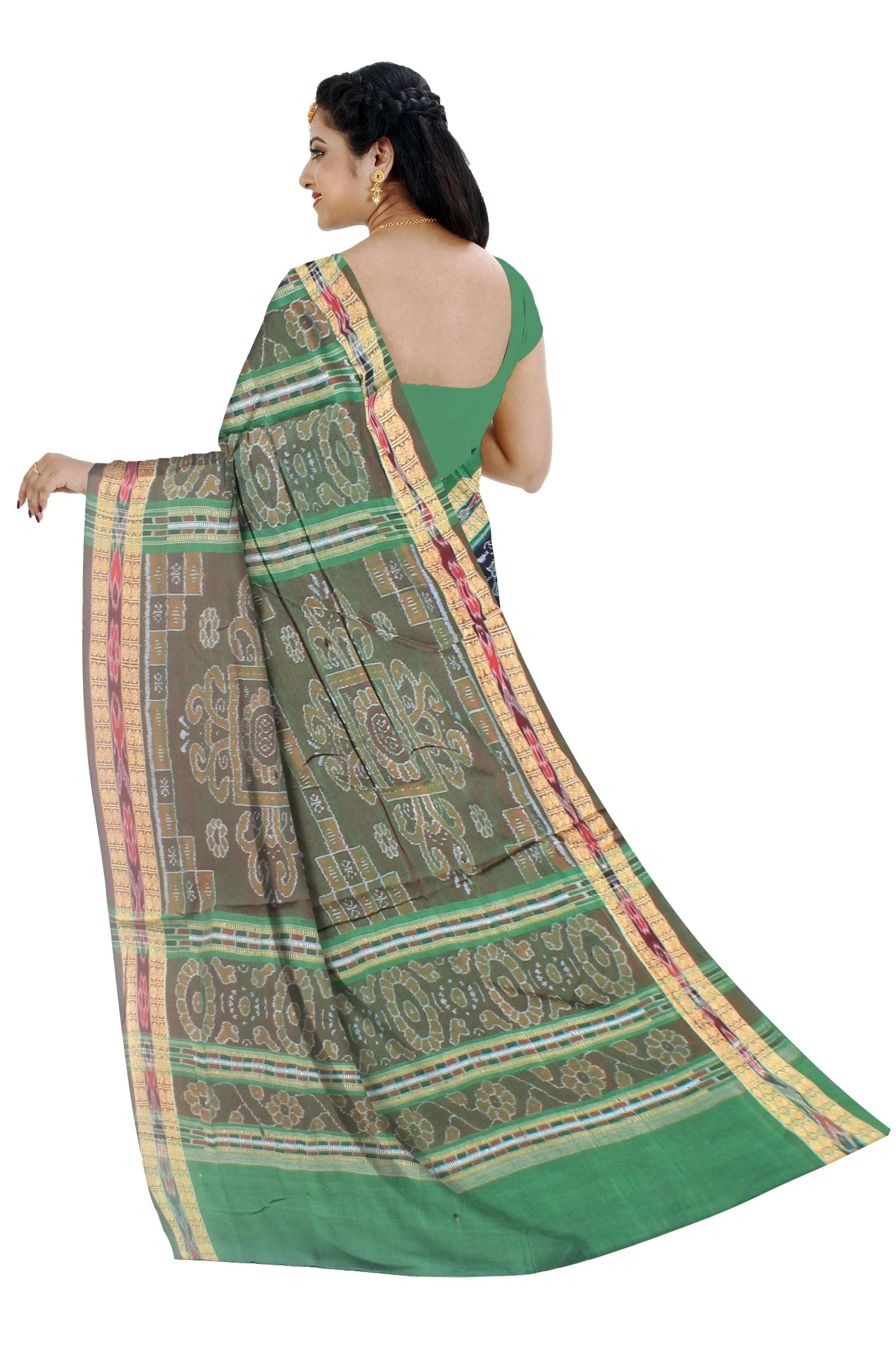 Mayuri design of handloom cotton saree in light green and black color base , with out blouse piece. - Koshali Arts & Crafts Enterprise