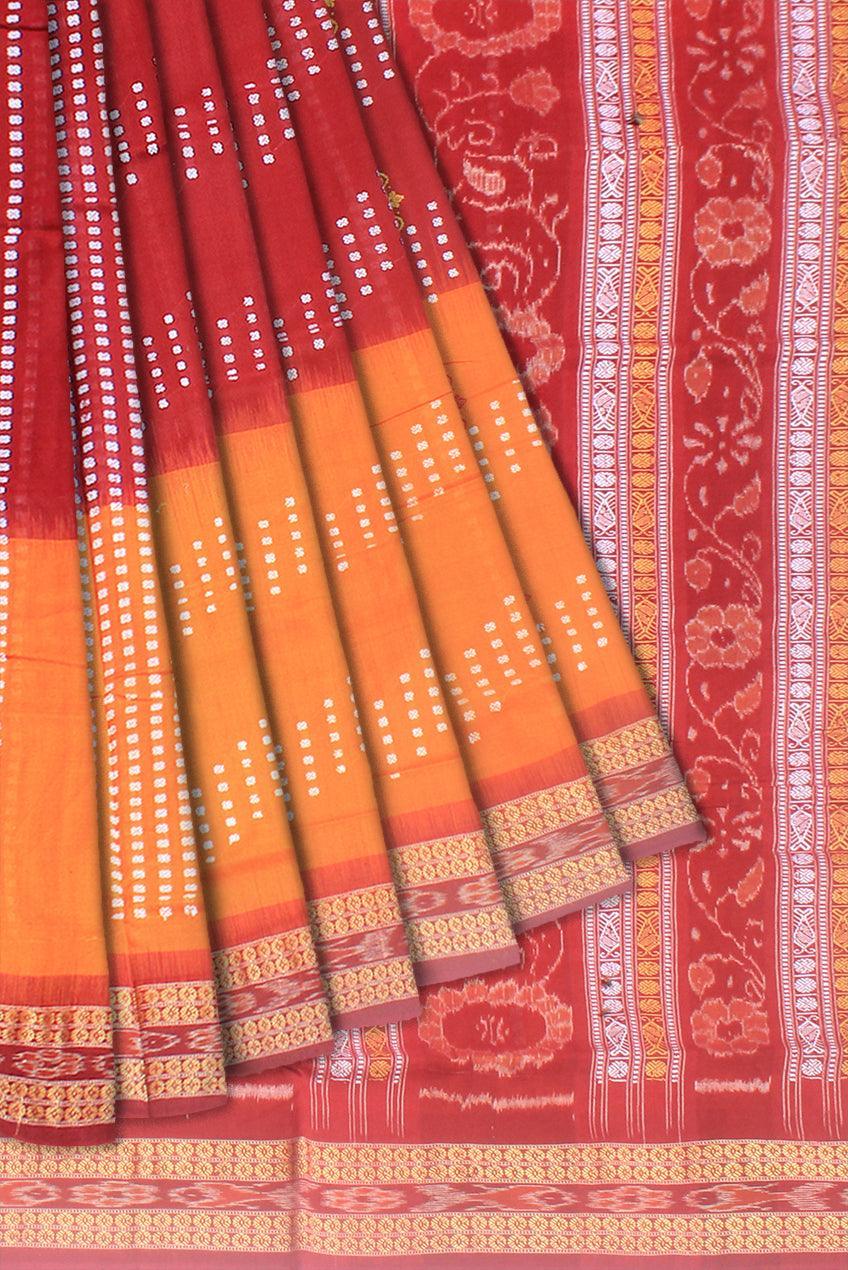 Yellow and maroon color sambalpuri cotton saree with blouse piece. - Koshali Arts & Crafts Enterprise