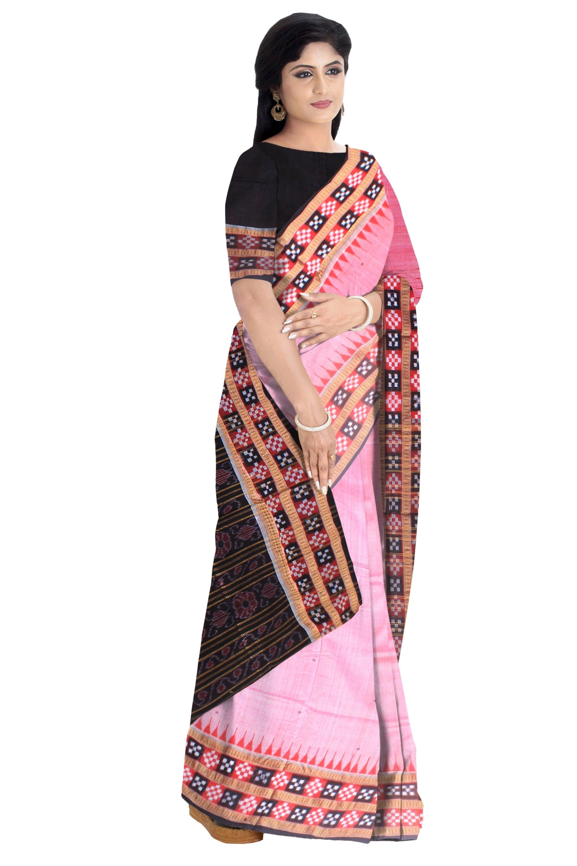 Pal pink color sambalpuri cotton saree , border is sapta print with blouse piece. - Koshali Arts & Crafts Enterprise