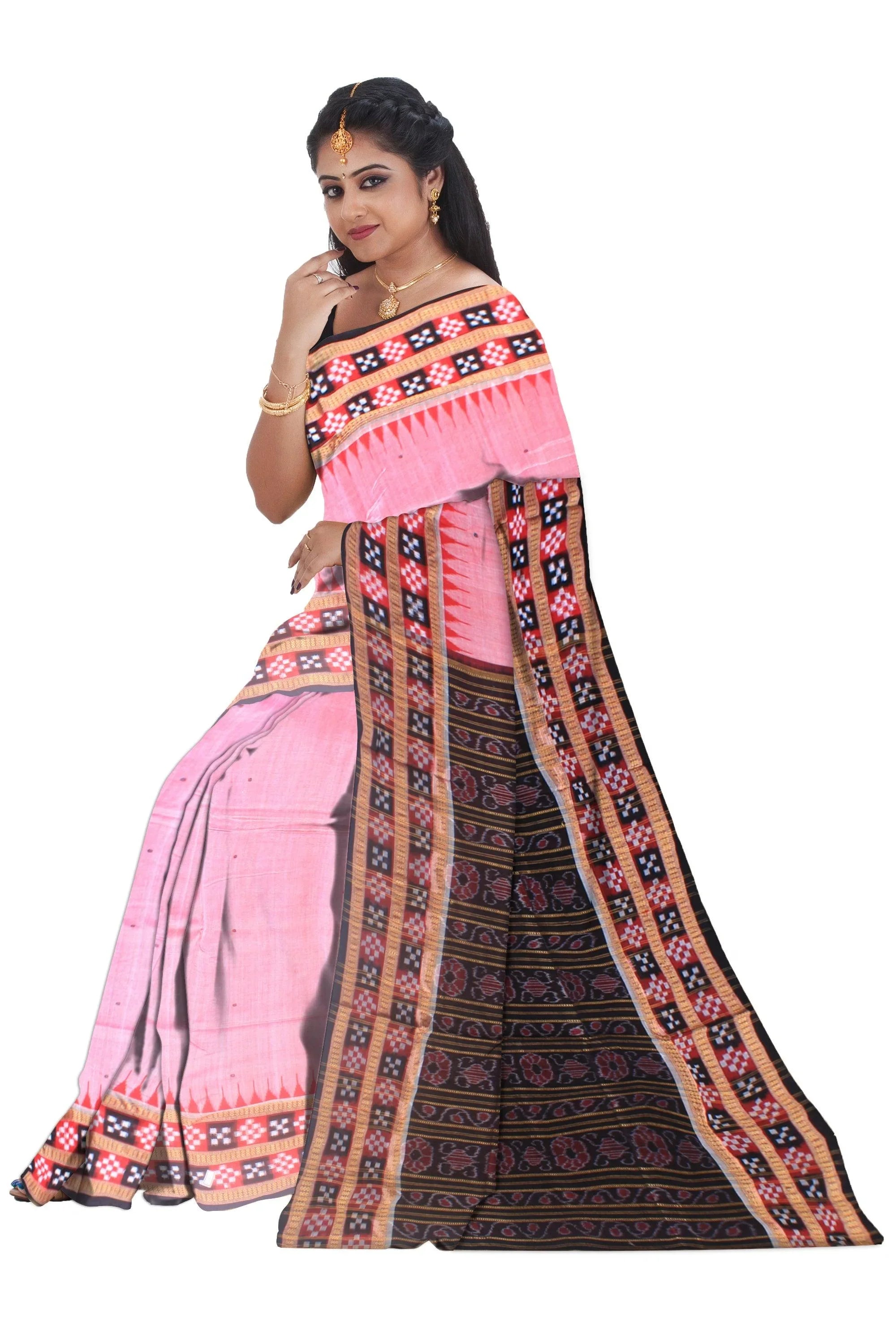 Pal pink color sambalpuri cotton saree , border is sapta print with blouse piece. - Koshali Arts & Crafts Enterprise