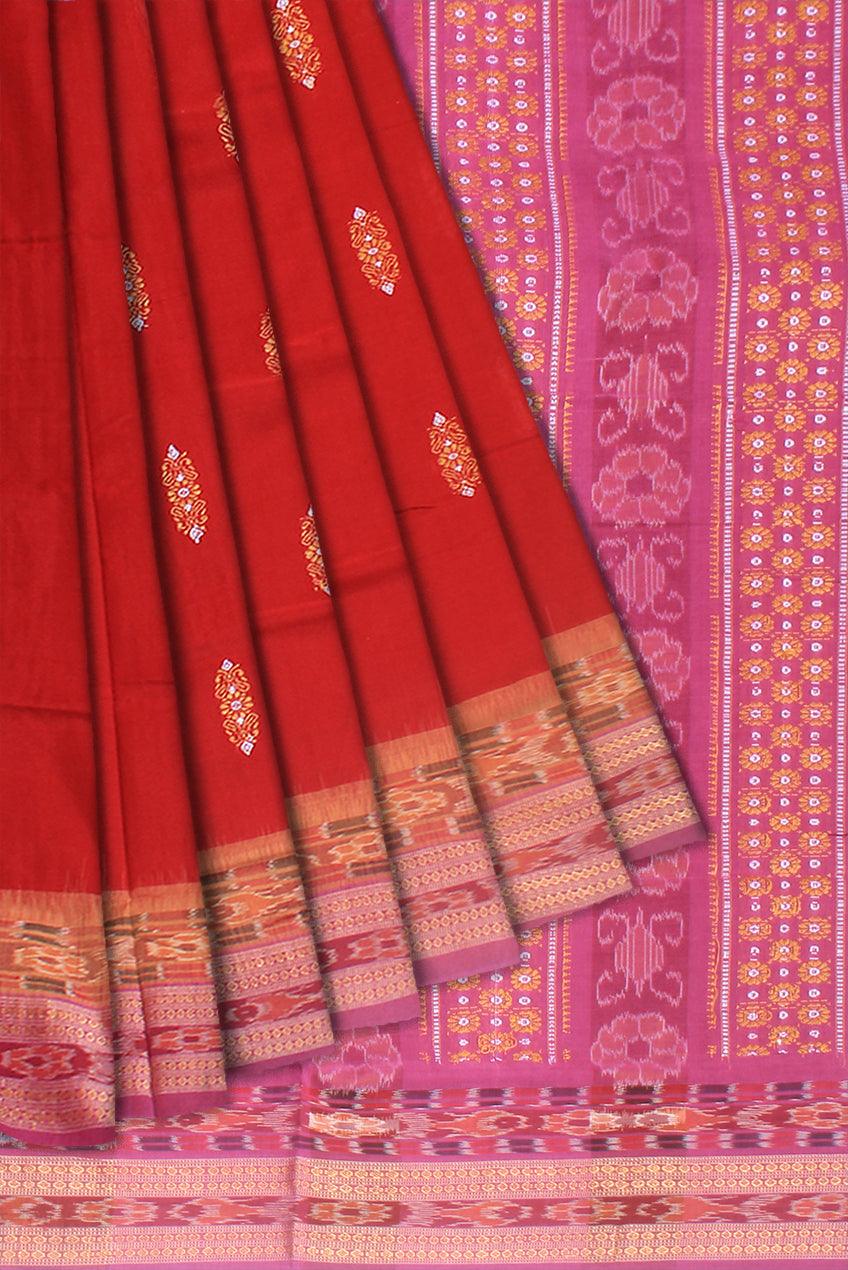 Sambalpuri bandha cotton saree in red and rosy pink color base, with blouse piece. - Koshali Arts & Crafts Enterprise