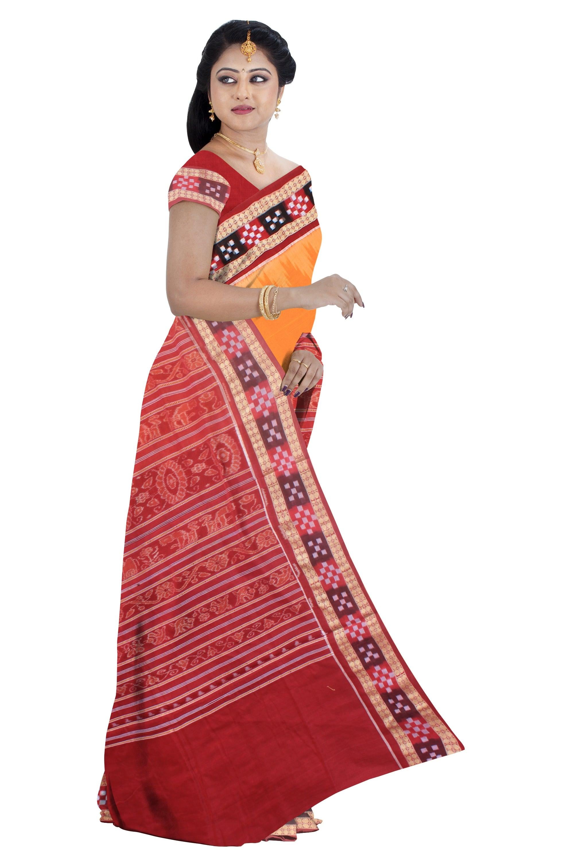 Authentic sambalpuri cotton saree in yellow and maroon color , border is sapta pattern, with blouse piece. - Koshali Arts & Crafts Enterprise